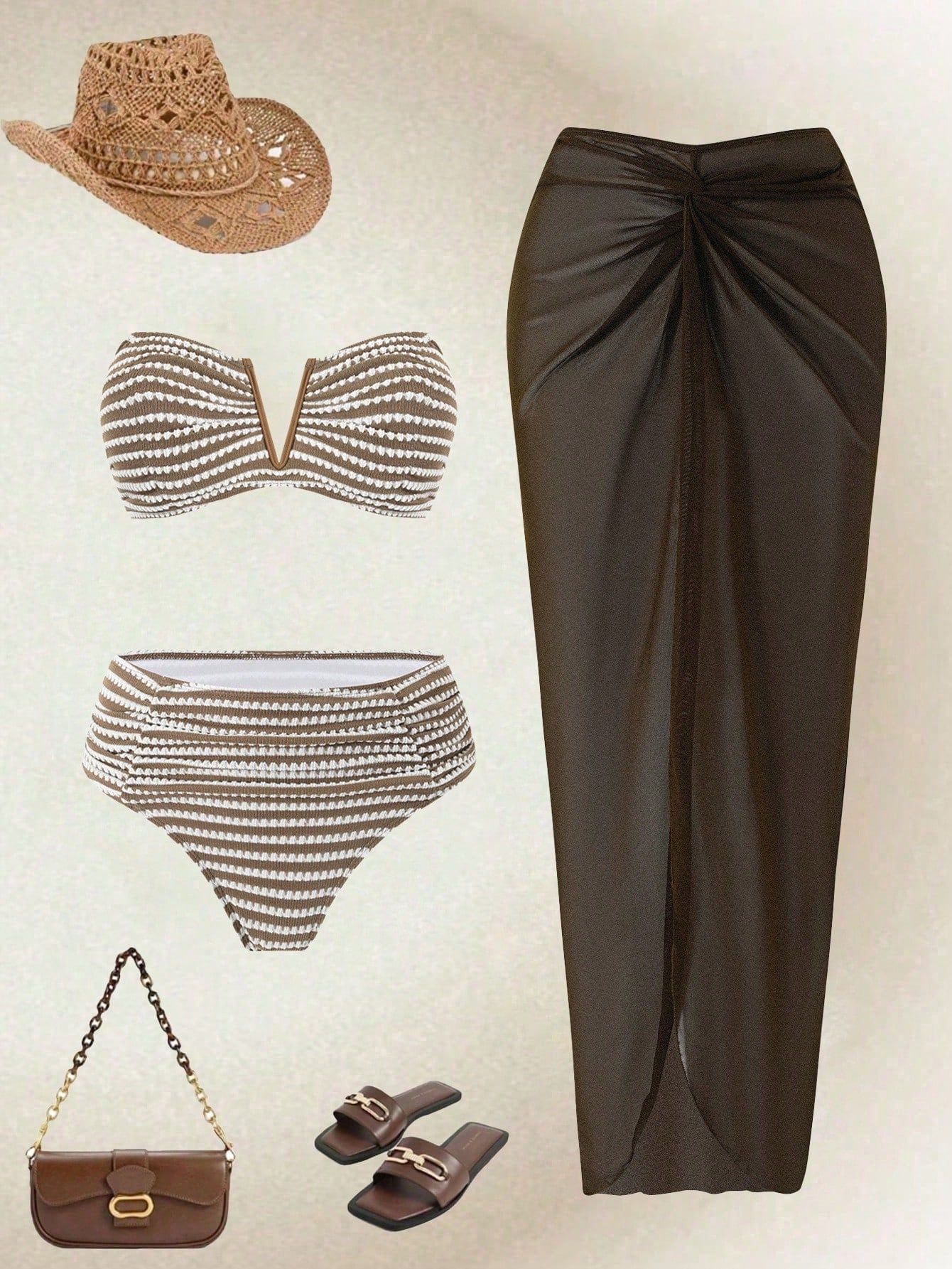 (image for) Women Brown White Striped Bandeau Bikini Set with Twist Front Long Sarong Skirt 3 Piece High Waisted Tummy Control Premium Beach Swimwear