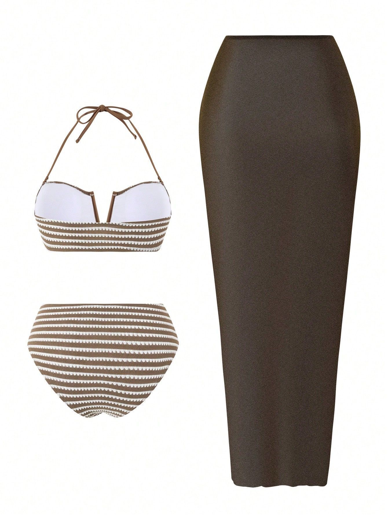 (image for) Women Brown White Striped Bandeau Bikini Set with Twist Front Long Sarong Skirt 3 Piece High Waisted Tummy Control Premium Beach Swimwear