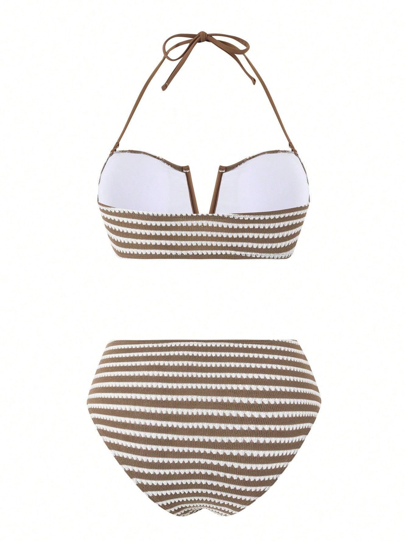 (image for) Women Brown White Striped Bandeau Bikini Set with Twist Front Long Sarong Skirt 3 Piece High Waisted Tummy Control Premium Beach Swimwear