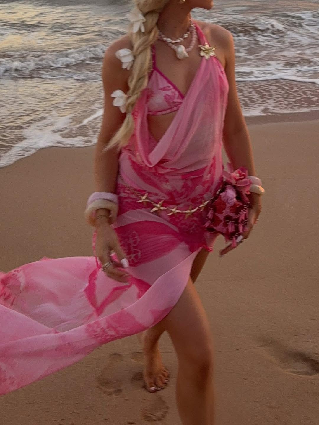 (image for) Women Pink Print Halter Bikini Set with Sheer Maxi Dress 3 Piece Beach Swimwear