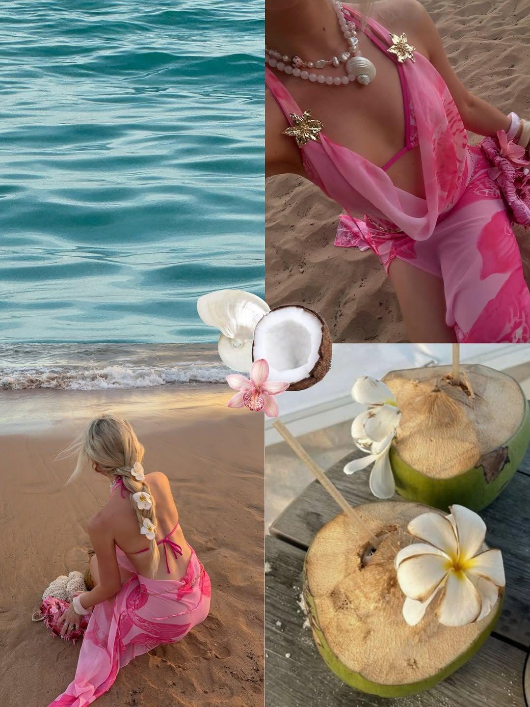 (image for) Women Pink Print Halter Bikini Set with Sheer Maxi Dress 3 Piece Beach Swimwear