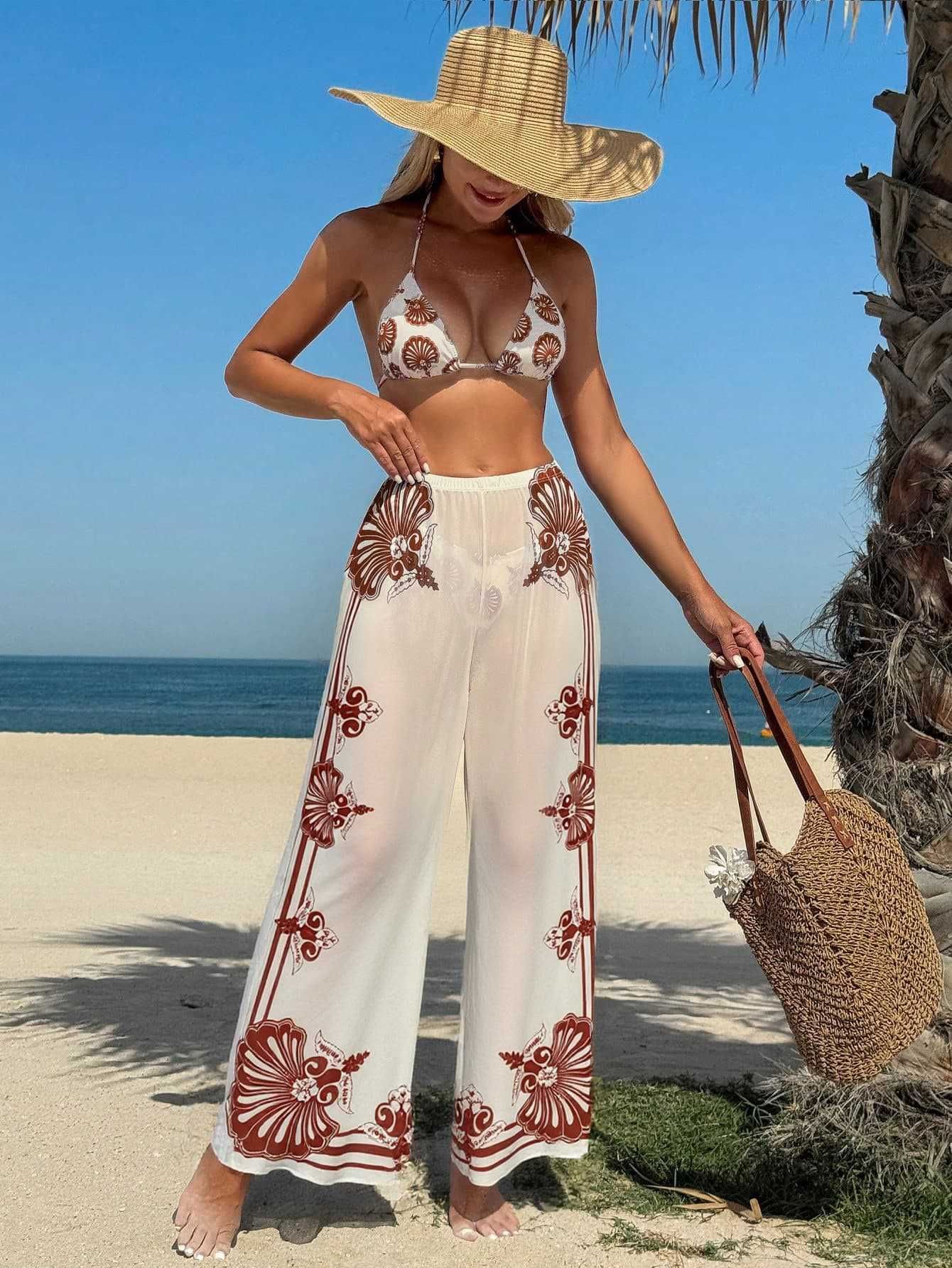 Women Apricot Vintage Baroque Print Halter Triangle Bikini Set with Wide Leg Cover Up Pants 3 Piece Luxury Beach Vacation Resort Swimwear