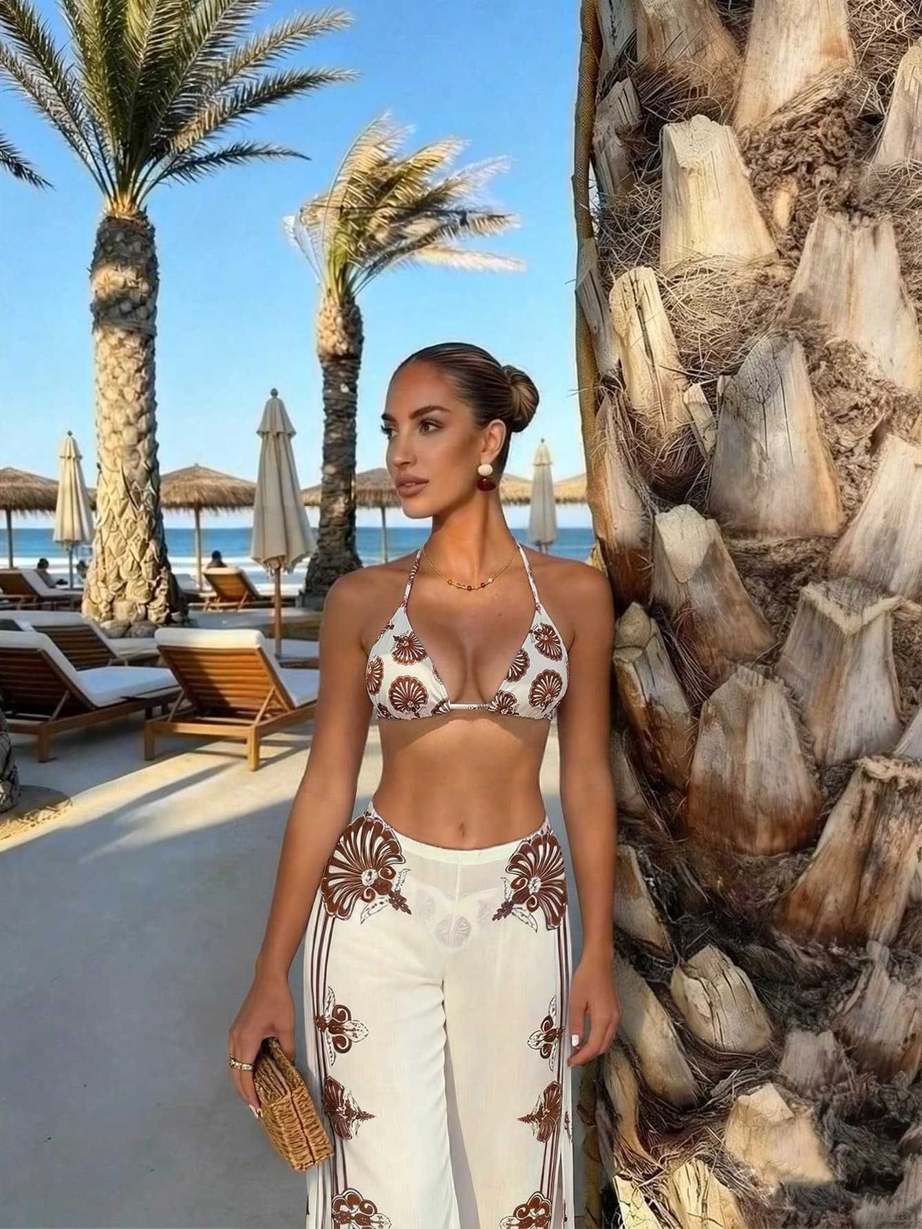 (image for) Women Apricot Vintage Baroque Print Halter Triangle Bikini Set with Wide Leg Cover Up Pants 3 Piece Luxury Beach Vacation Resort Swimwear