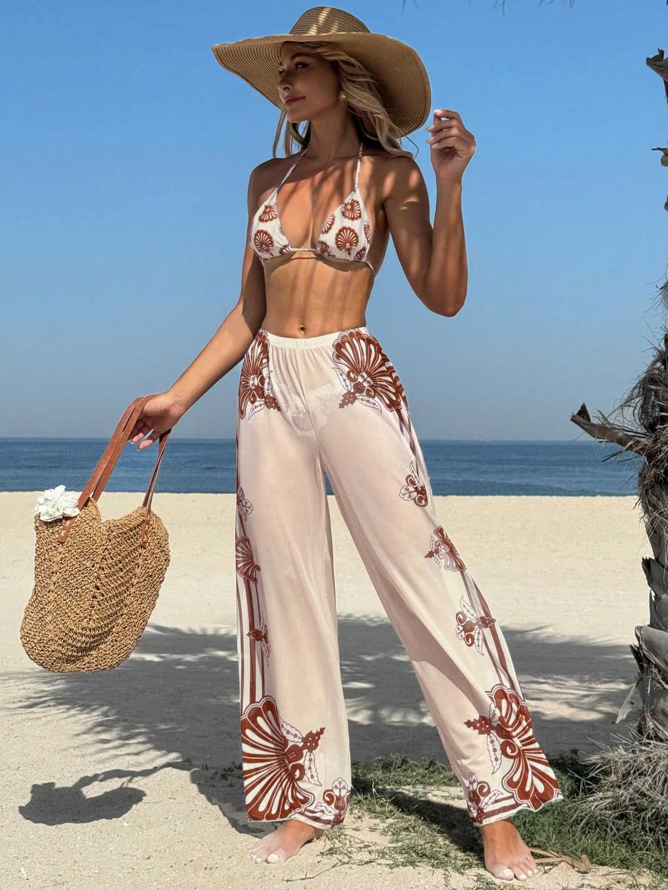 (image for) Women Apricot Vintage Baroque Print Halter Triangle Bikini Set with Wide Leg Cover Up Pants 3 Piece Luxury Beach Vacation Resort Swimwear