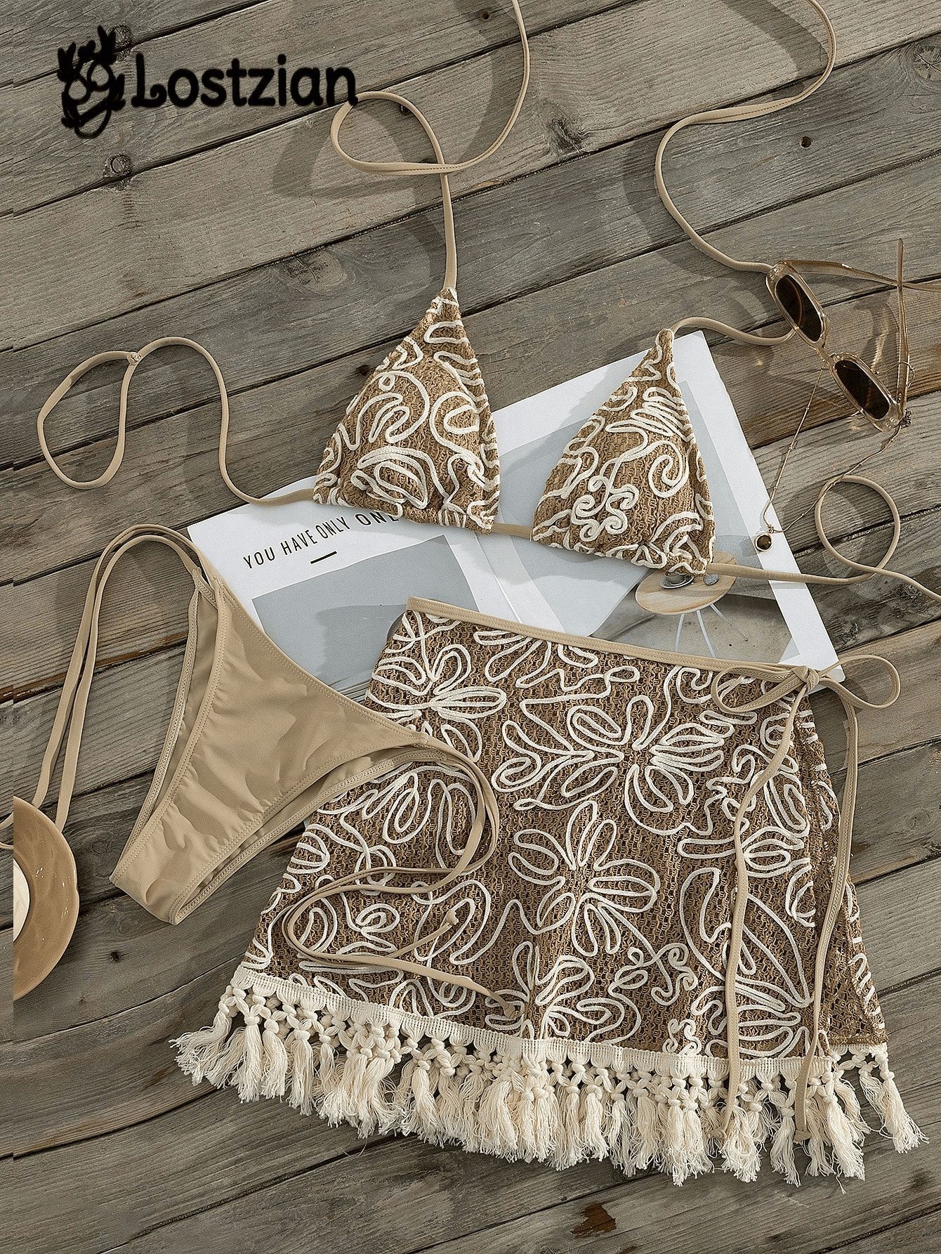 Women Khaki Crochet Lace Halter Triangle Bikini Set with Tassel Fringe Cover Up Skirt 3 Piece Hollow Out Knit Boho Beach Vacation Swimwear