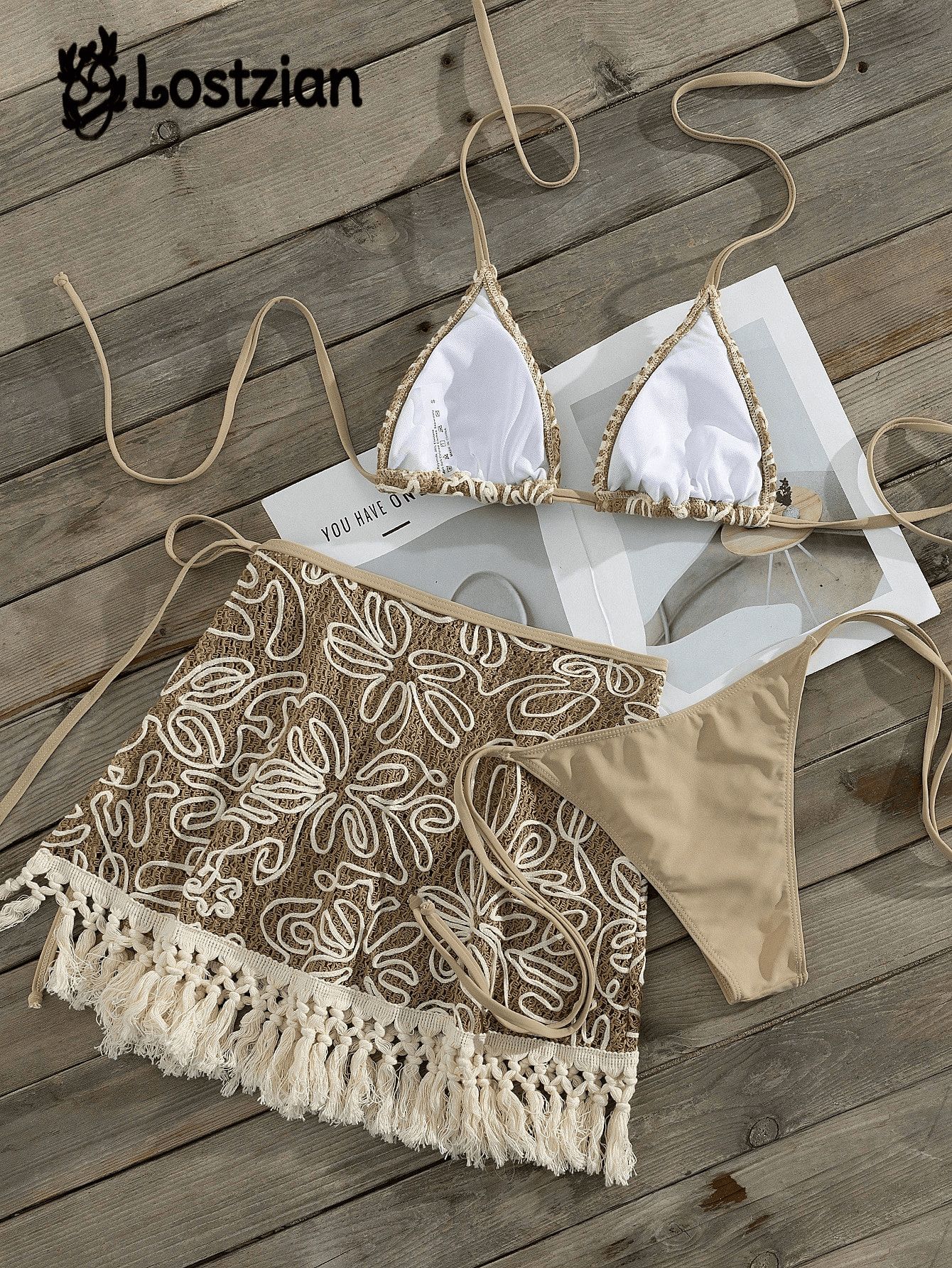 (image for) Women Khaki Crochet Lace Halter Triangle Bikini Set with Tassel Fringe Cover Up Skirt 3 Piece Hollow Out Knit Boho Beach Vacation Swimwear