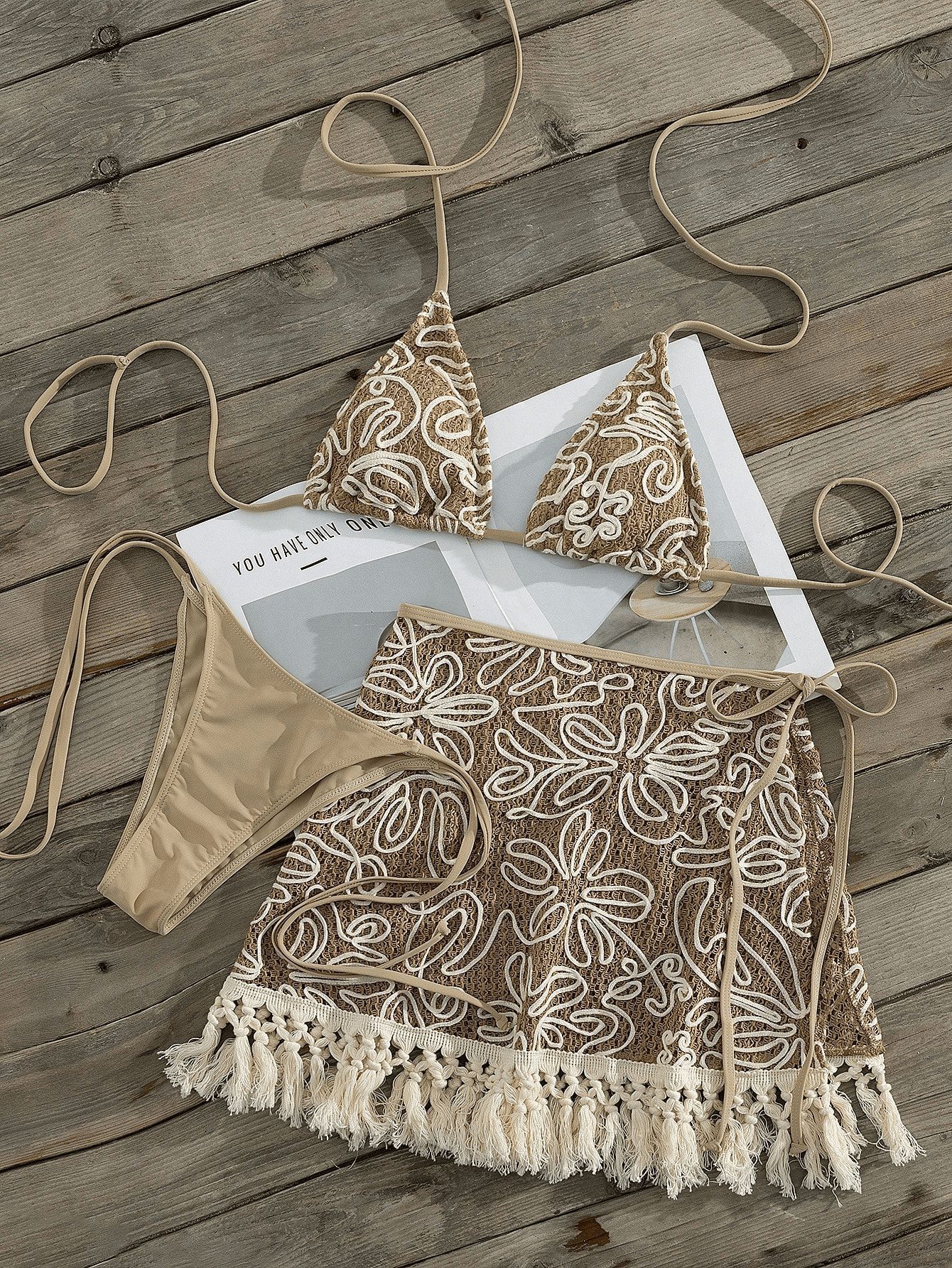 (image for) Women Khaki Crochet Lace Halter Triangle Bikini Set with Tassel Fringe Cover Up Skirt 3 Piece Hollow Out Knit Boho Beach Vacation Swimwear