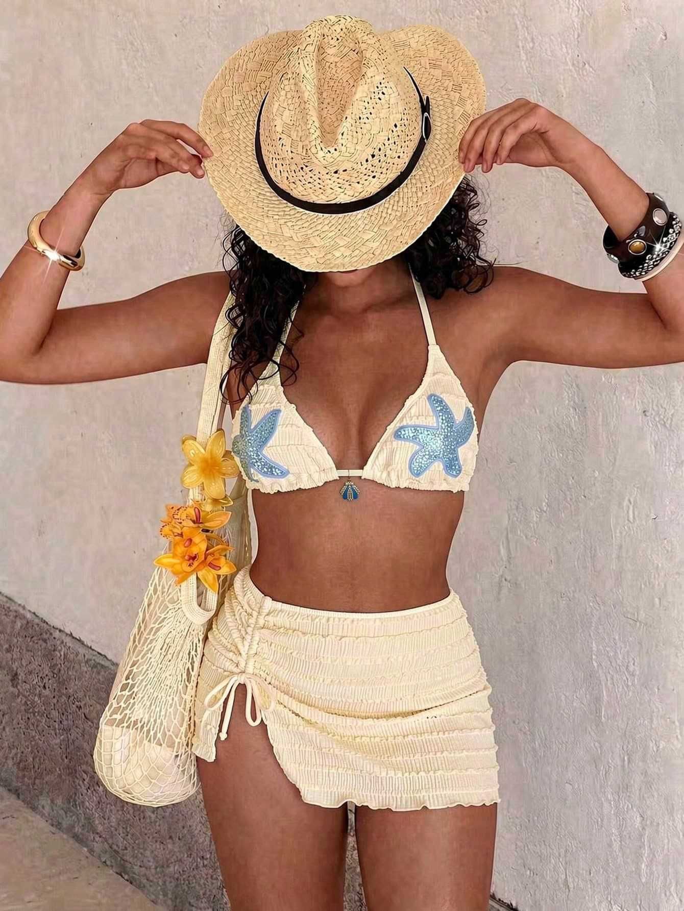 (image for) Women Yellow Starfish Print Halter Triangle Bikini Set with Smocked Side Tie Mini Skirt 3 Piece Sexy Beach Vacation Resort Swimwear