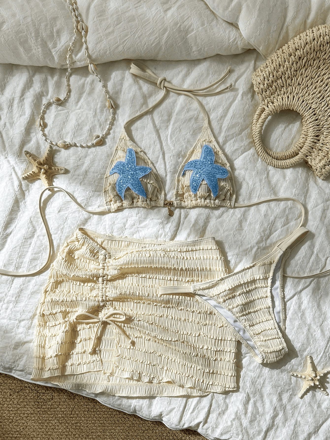 (image for) Women Yellow Starfish Print Halter Triangle Bikini Set with Smocked Side Tie Mini Skirt 3 Piece Sexy Beach Vacation Resort Swimwear