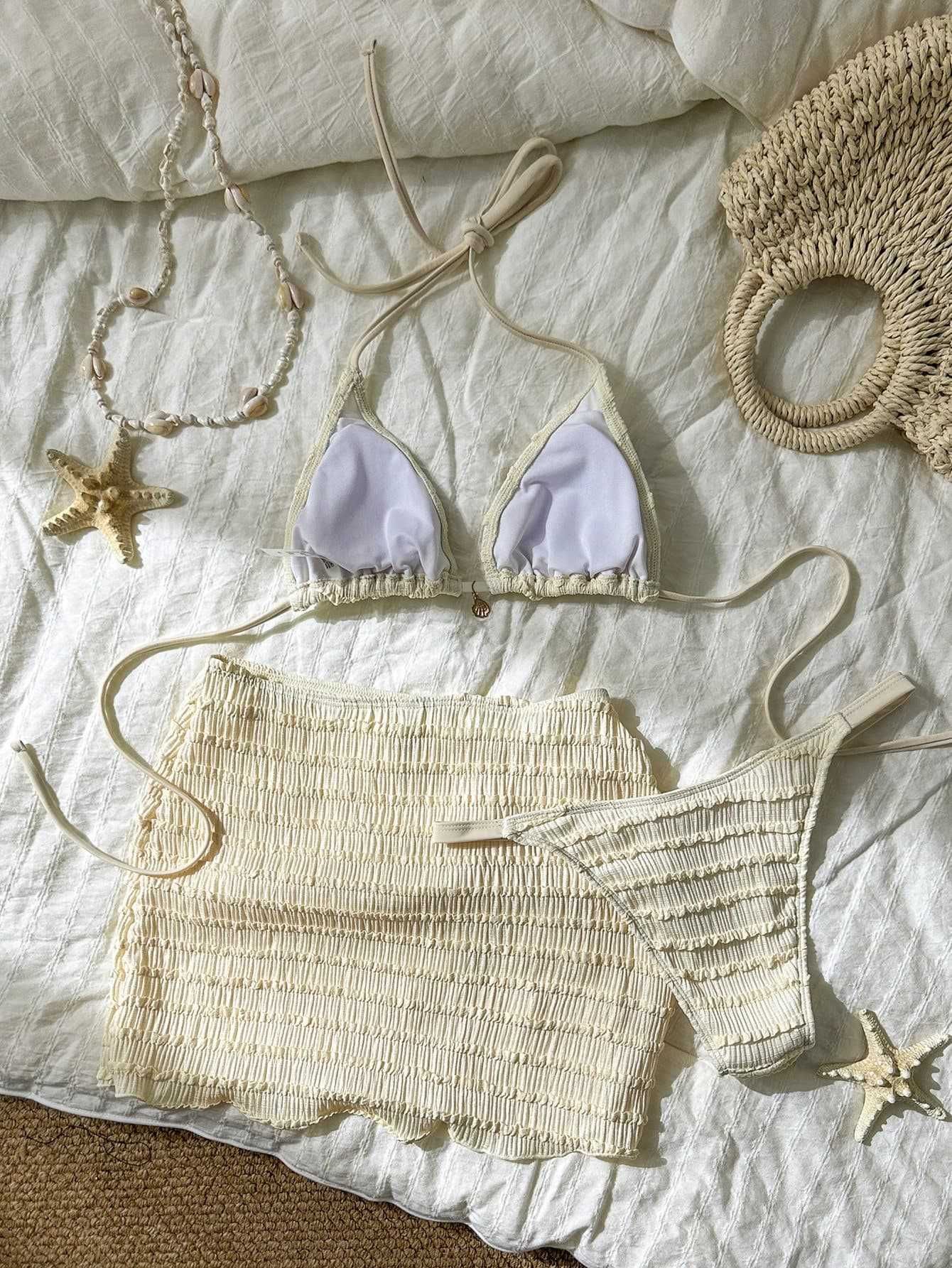 (image for) Women Yellow Starfish Print Halter Triangle Bikini Set with Smocked Side Tie Mini Skirt 3 Piece Sexy Beach Vacation Resort Swimwear