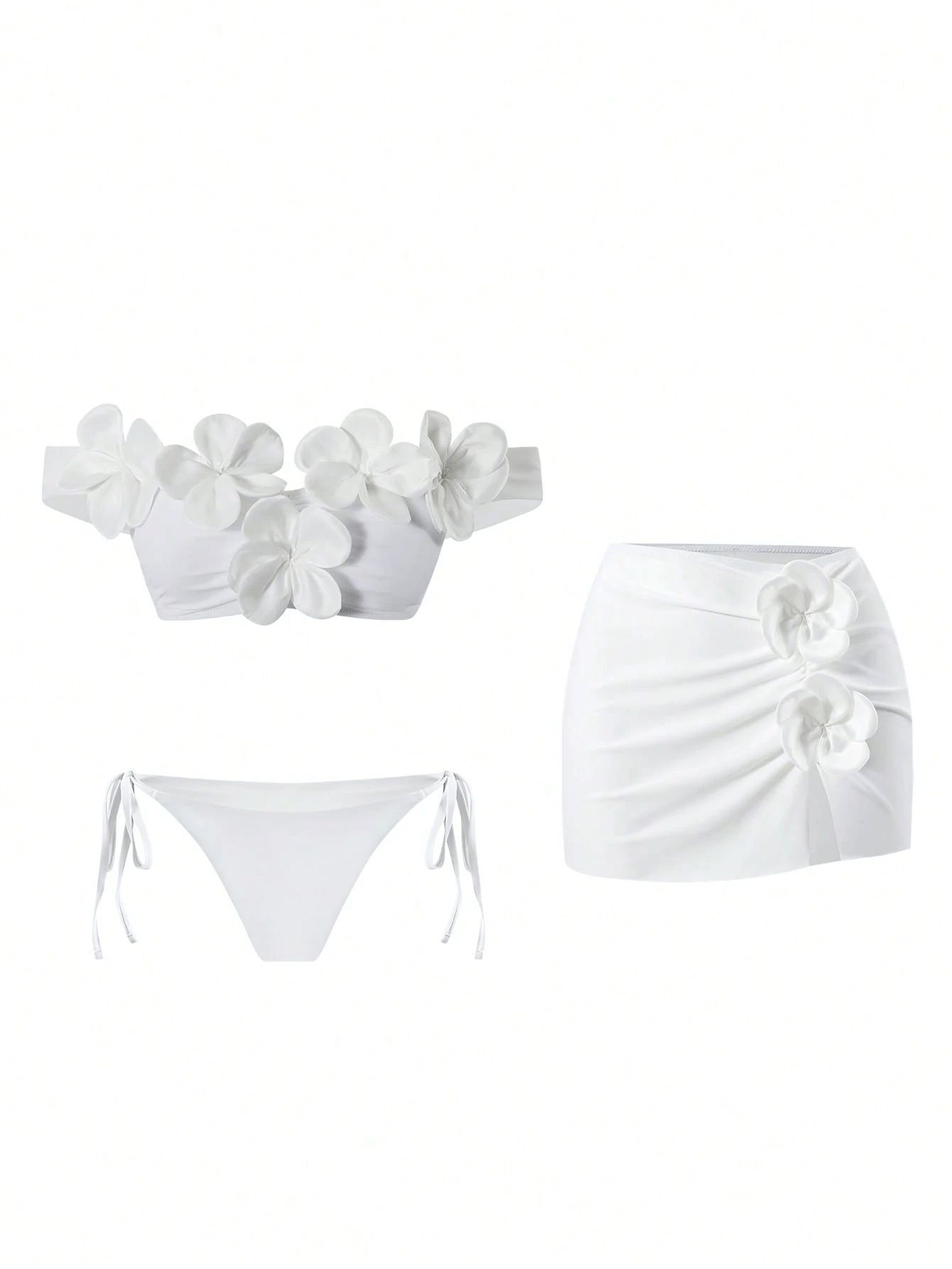 (image for) Women White 3D Floral Applique Off Shoulder Bandeau Bikini Set with Wrap Skirt 3 Piece Petal Detail High Waisted Sexy Beach Swimwear