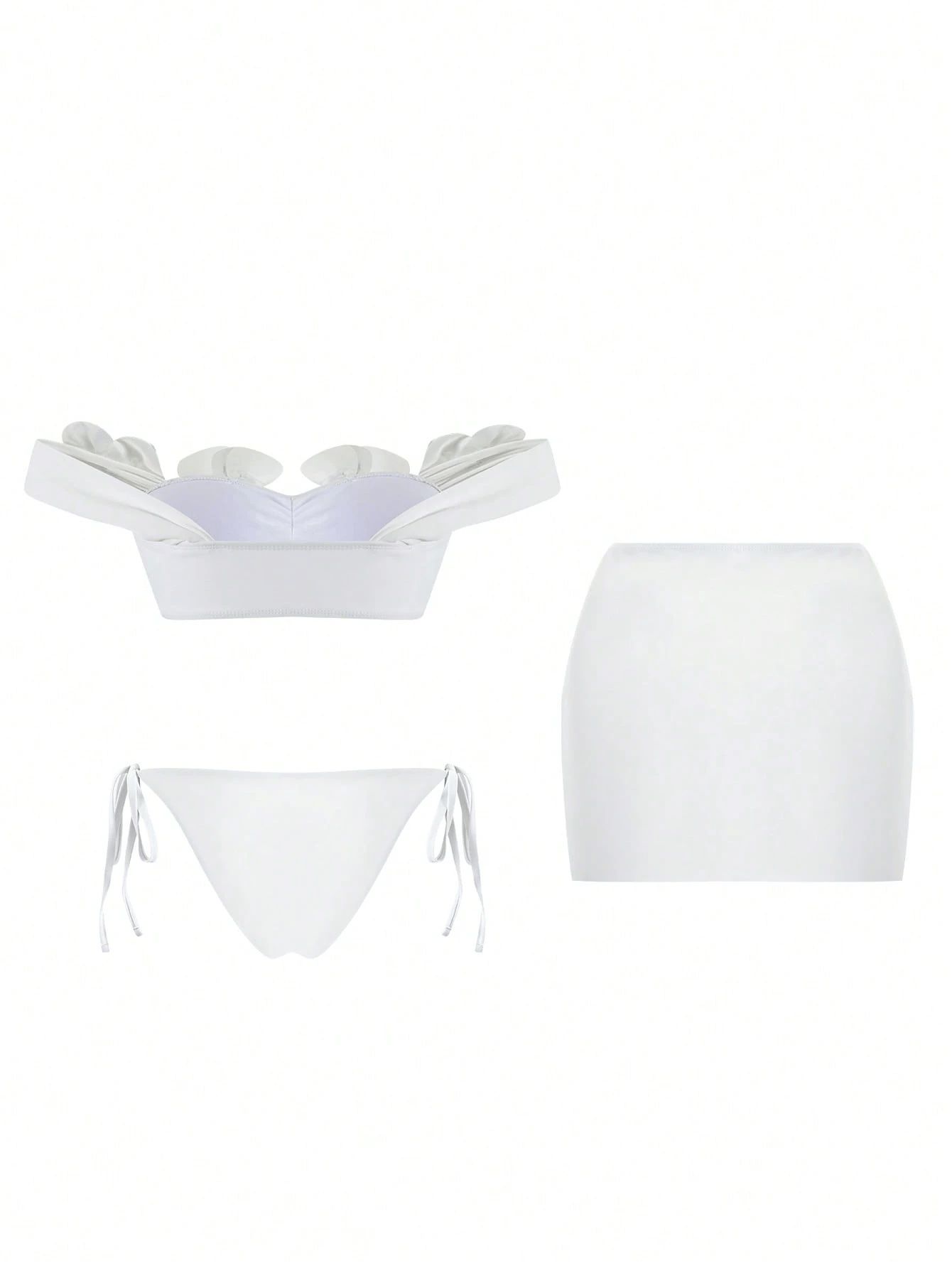 (image for) Women White 3D Floral Applique Off Shoulder Bandeau Bikini Set with Wrap Skirt 3 Piece Petal Detail High Waisted Sexy Beach Swimwear
