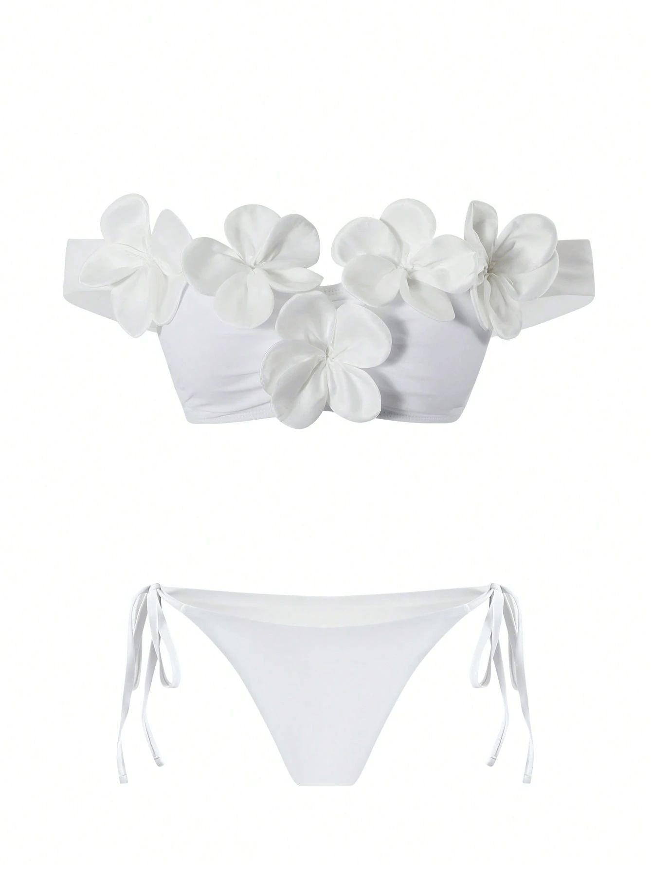 (image for) Women White 3D Floral Applique Off Shoulder Bandeau Bikini Set with Wrap Skirt 3 Piece Petal Detail High Waisted Sexy Beach Swimwear