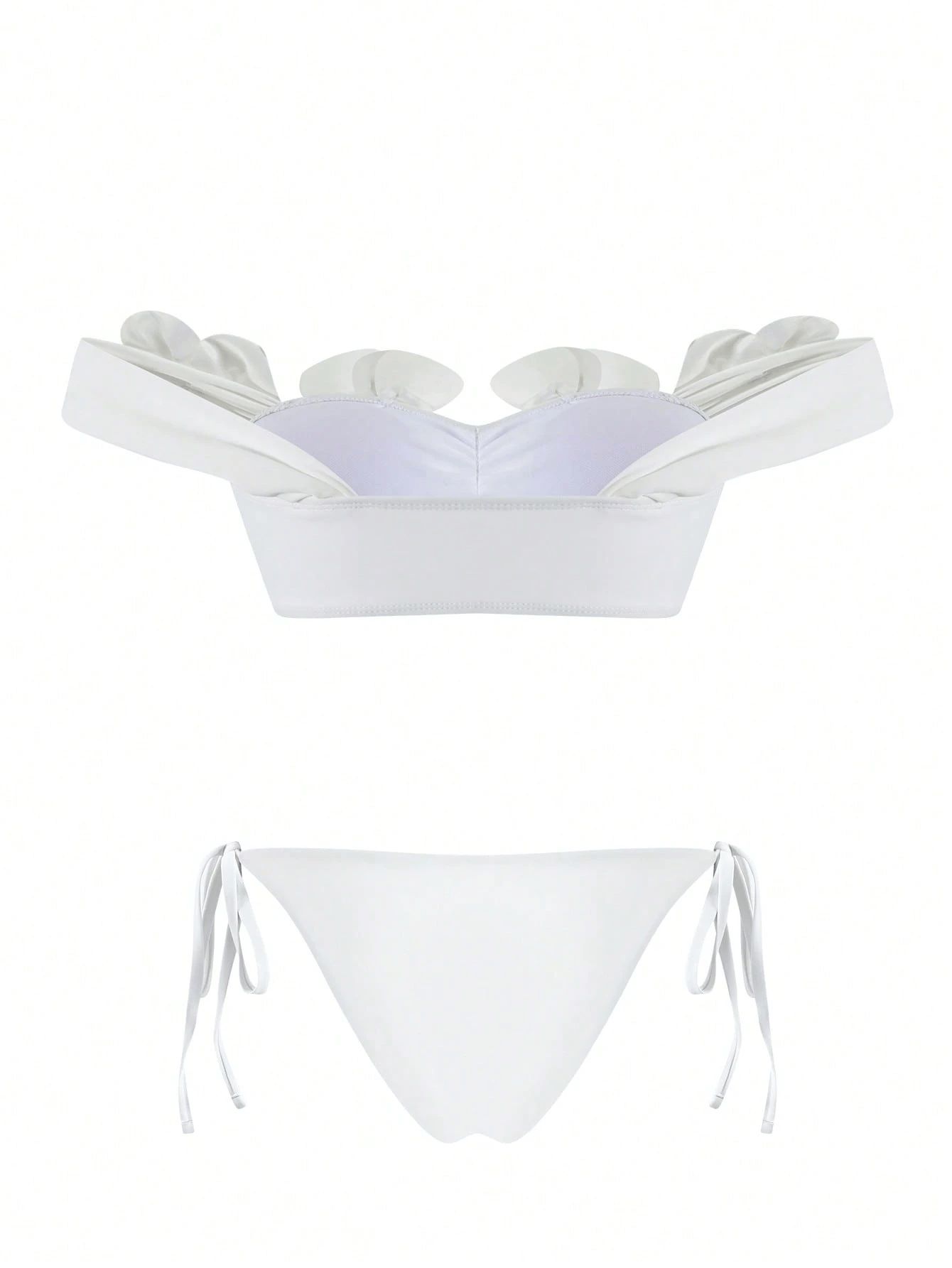 (image for) Women White 3D Floral Applique Off Shoulder Bandeau Bikini Set with Wrap Skirt 3 Piece Petal Detail High Waisted Sexy Beach Swimwear