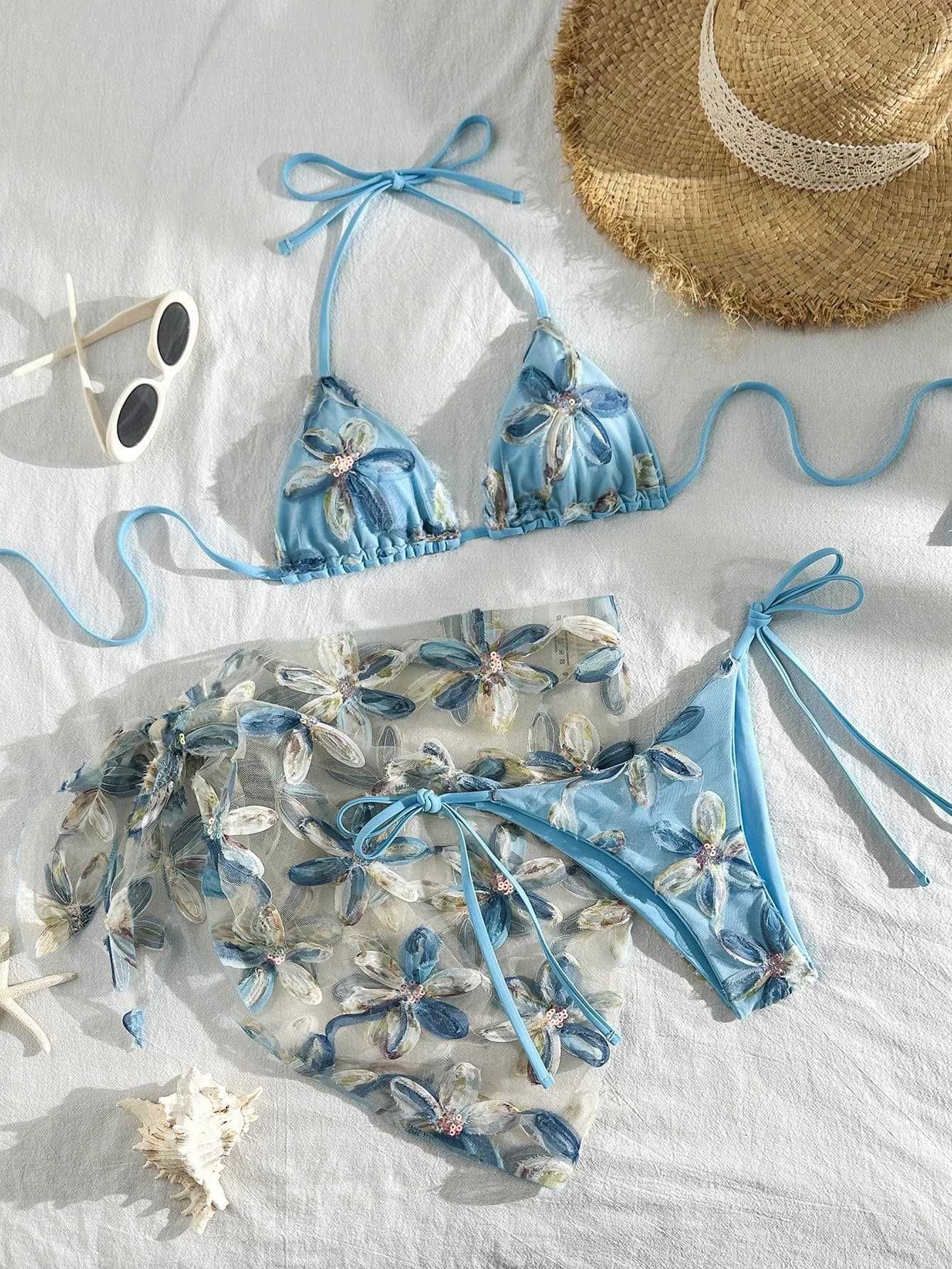 (image for) Women Blue 3D Floral Sequin Triangle Bikini Set with Sheer Mesh Mini Sarong Skirt 3 Piece Sexy Beach Vacation Resort Swimwear