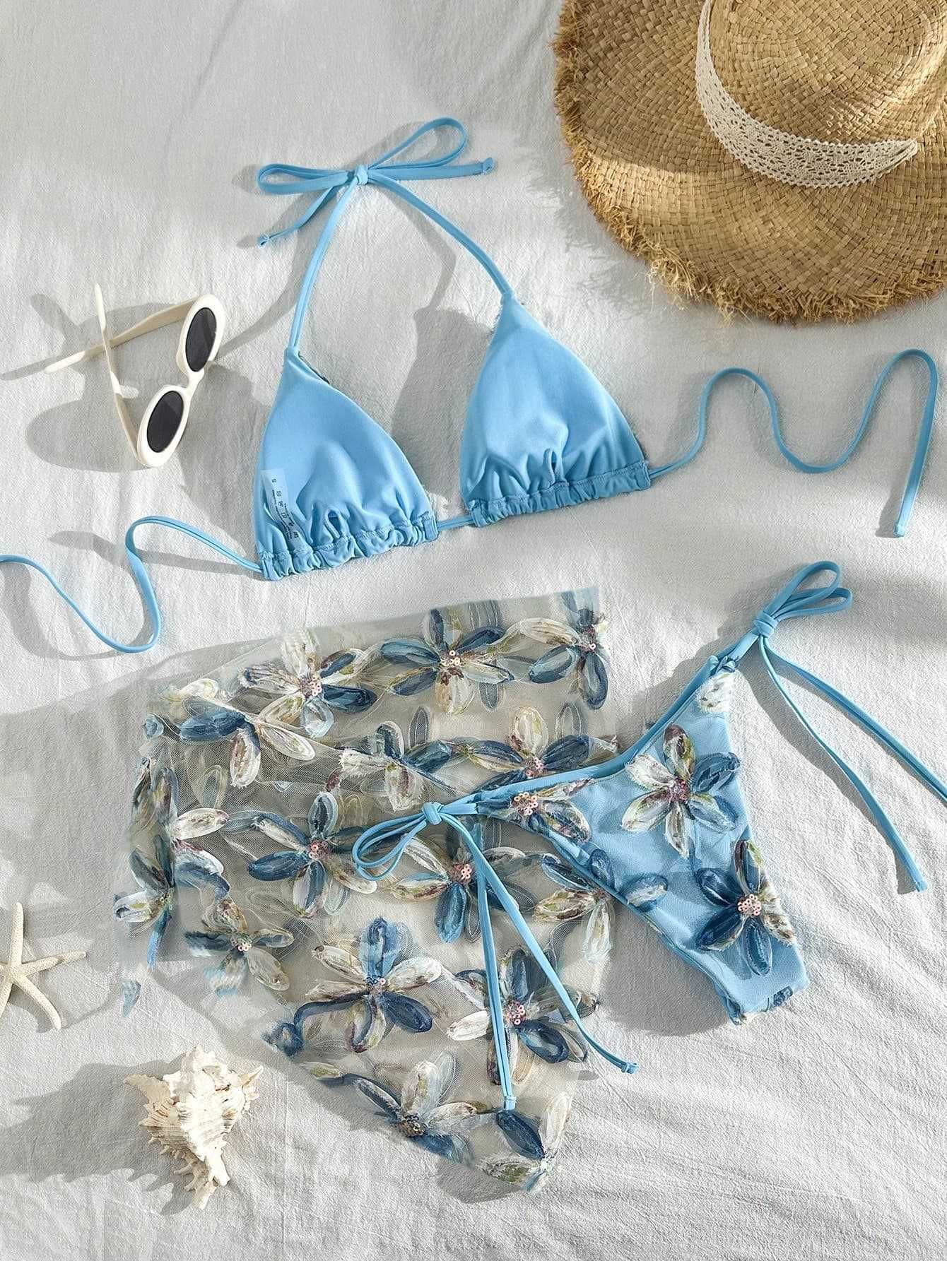 (image for) Women Blue 3D Floral Sequin Triangle Bikini Set with Sheer Mesh Mini Sarong Skirt 3 Piece Sexy Beach Vacation Resort Swimwear