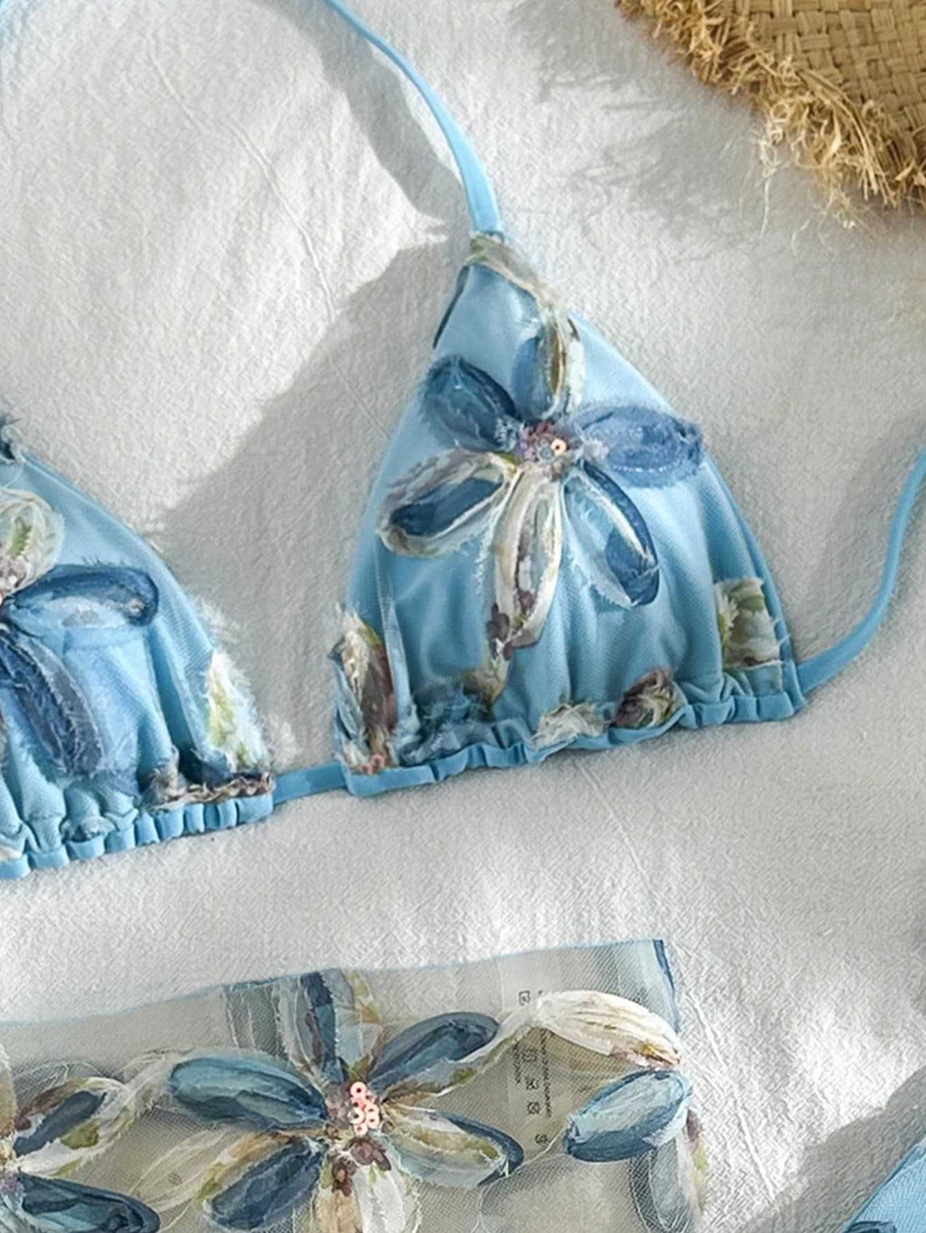 (image for) Women Blue 3D Floral Sequin Triangle Bikini Set with Sheer Mesh Mini Sarong Skirt 3 Piece Sexy Beach Vacation Resort Swimwear