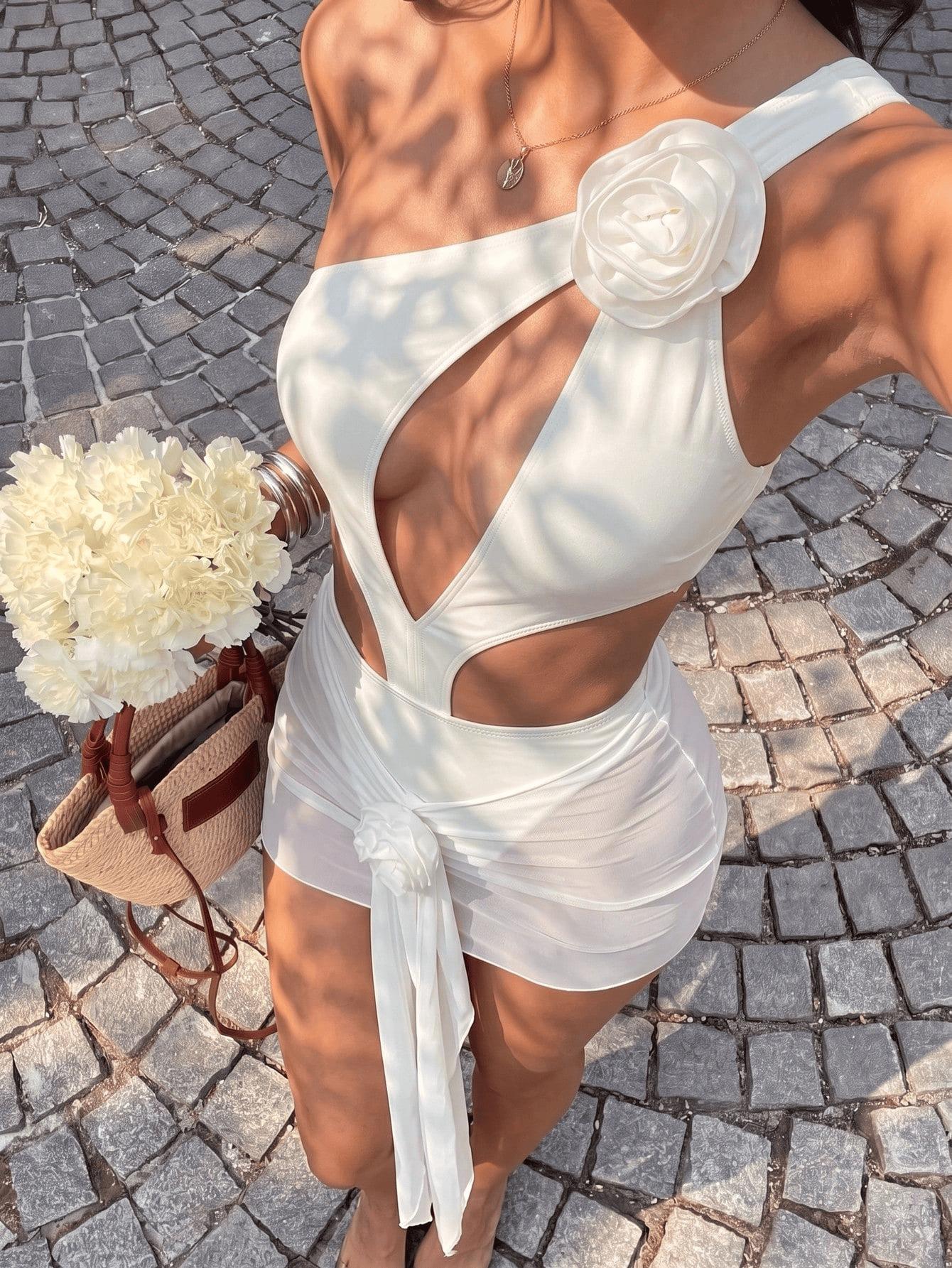 (image for) Women White One Shoulder Flower Cutout One Piece Swimsuit with Skirt 2 Piece Swimwear
