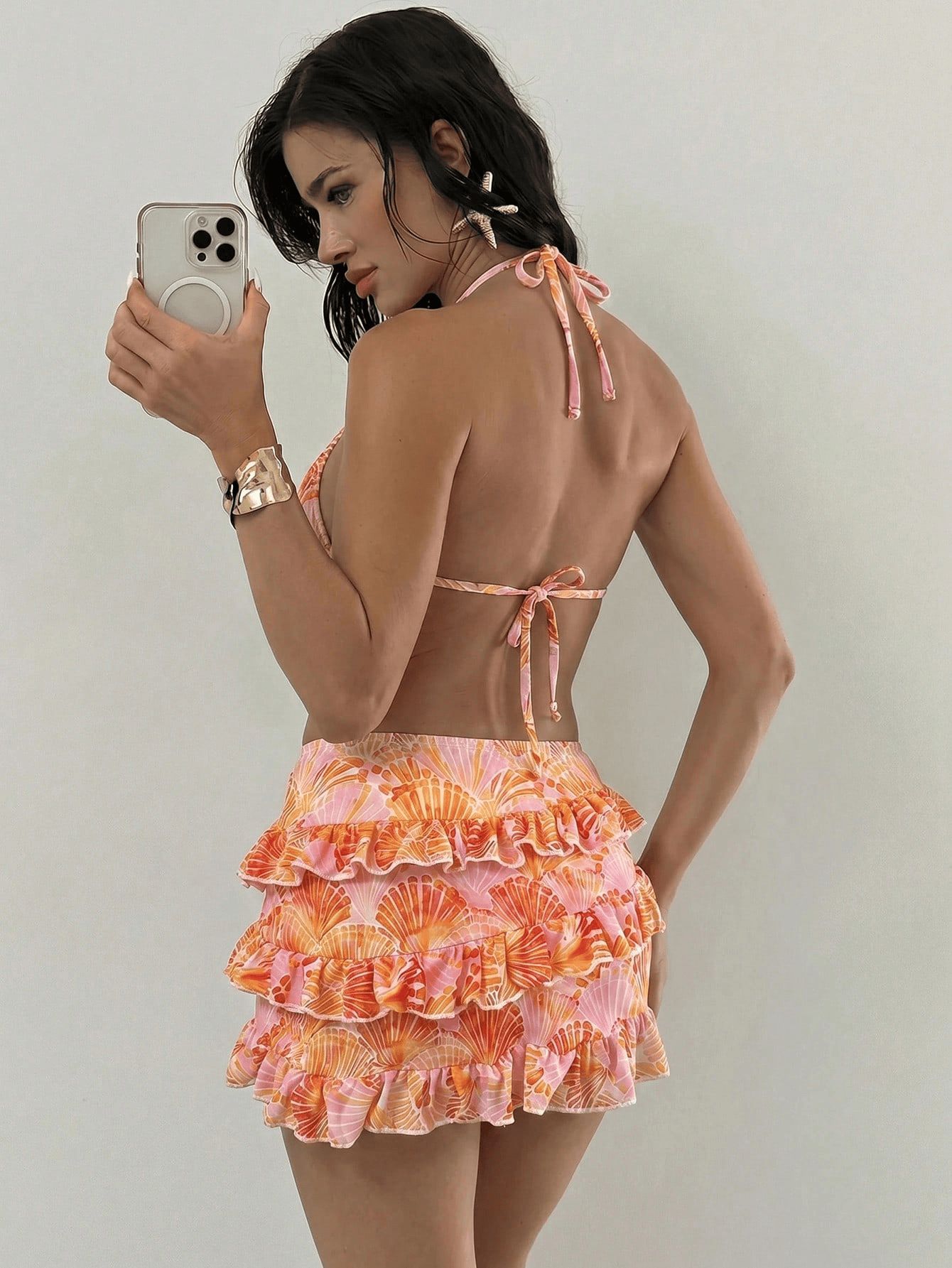 (image for) Women Orange Print Halter Triangle Bikini Set with Tiered Ruffle Skirt 3 Piece Sexy Backless Premium Grade Beach Swimwear