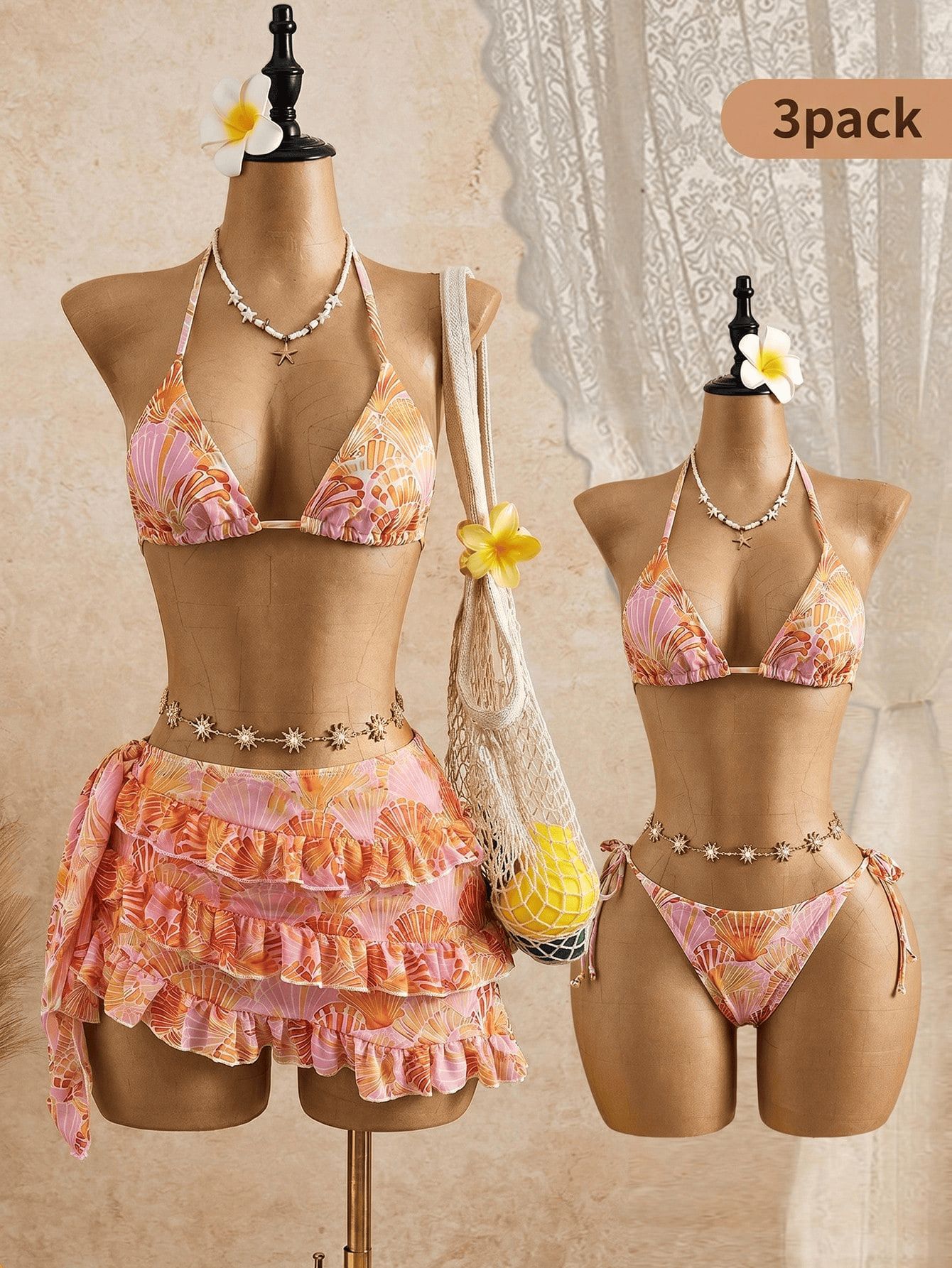 (image for) Women Orange Print Halter Triangle Bikini Set with Tiered Ruffle Skirt 3 Piece Sexy Backless Premium Grade Beach Swimwear