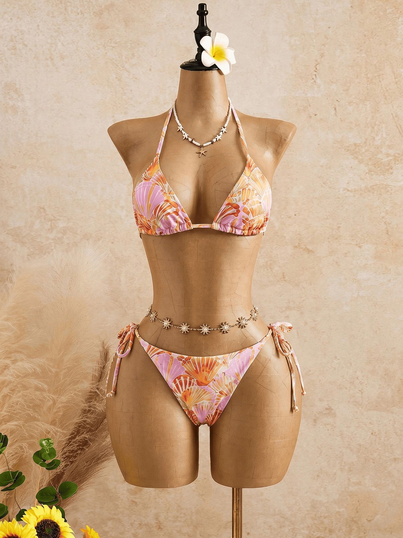 (image for) Women Orange Print Halter Triangle Bikini Set with Tiered Ruffle Skirt 3 Piece Sexy Backless Premium Grade Beach Swimwear