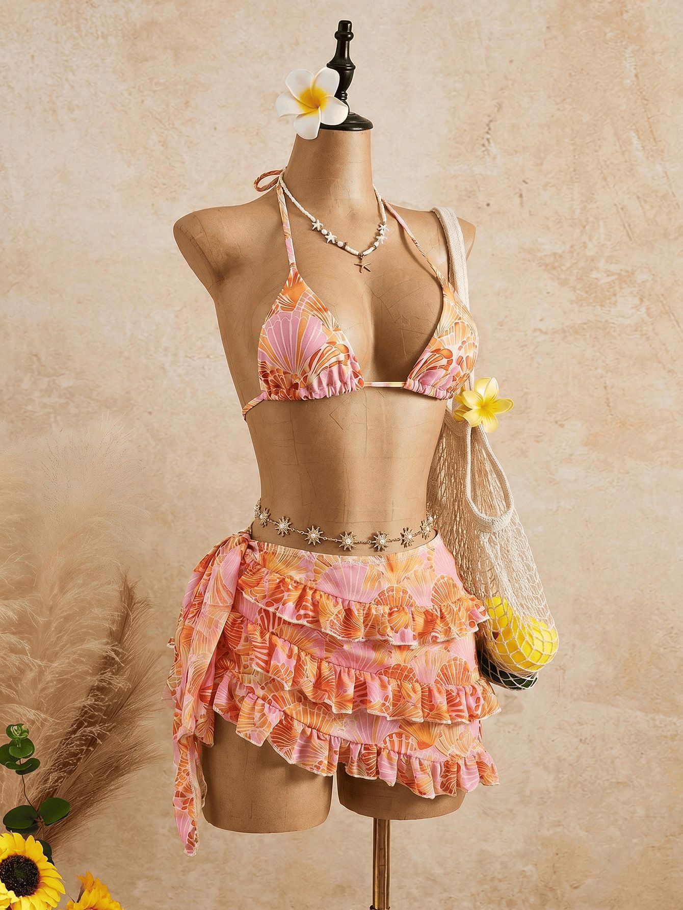 (image for) Women Orange Print Halter Triangle Bikini Set with Tiered Ruffle Skirt 3 Piece Sexy Backless Premium Grade Beach Swimwear