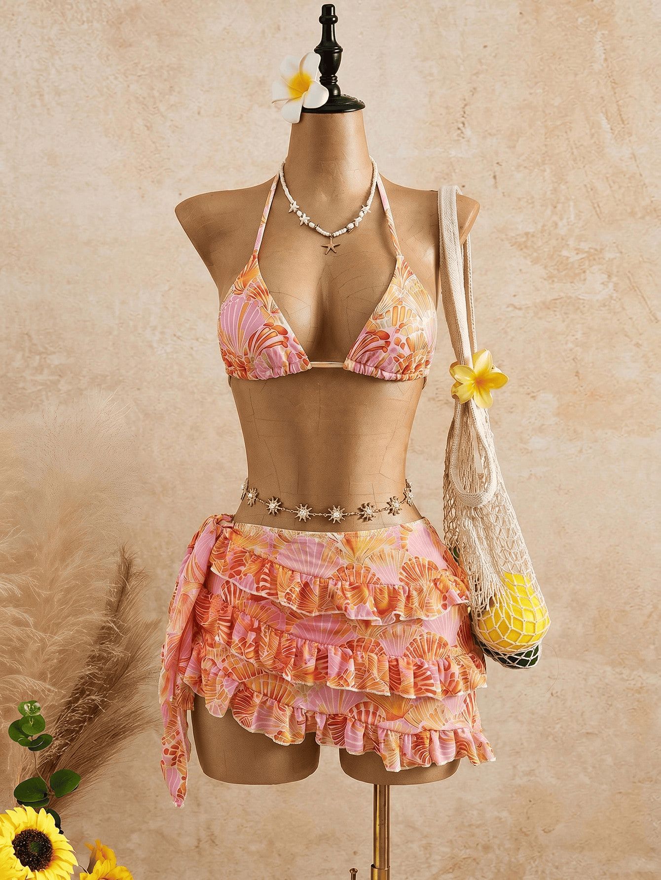 (image for) Women Orange Print Halter Triangle Bikini Set with Tiered Ruffle Skirt 3 Piece Sexy Backless Premium Grade Beach Swimwear