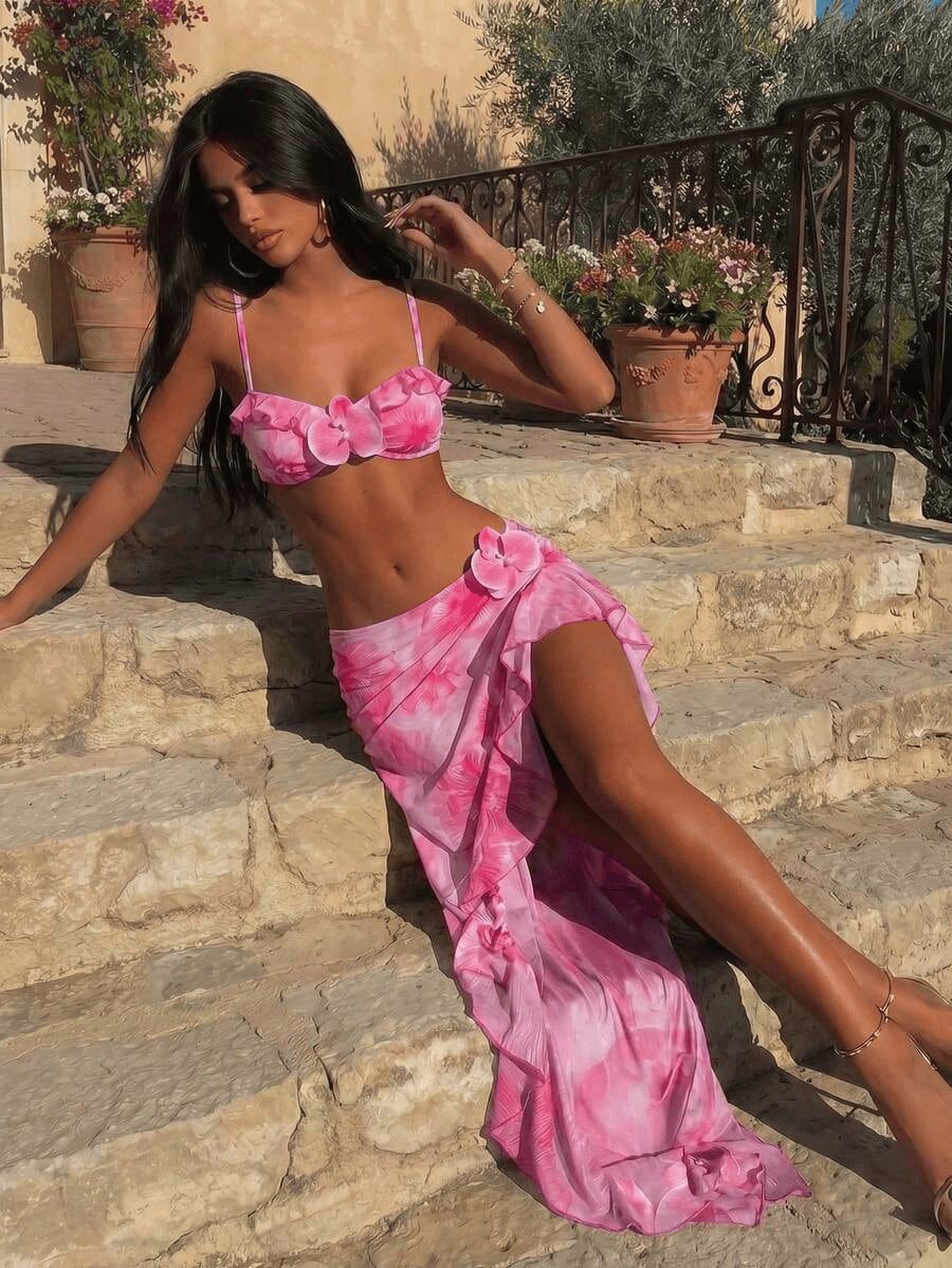 Women Pink Tie Dye 3D Floral Spaghetti Strap Bikini Set with High Slit Ruffle Maxi Skirt 3 Piece Sexy Backless Beach Vacation Swimwear