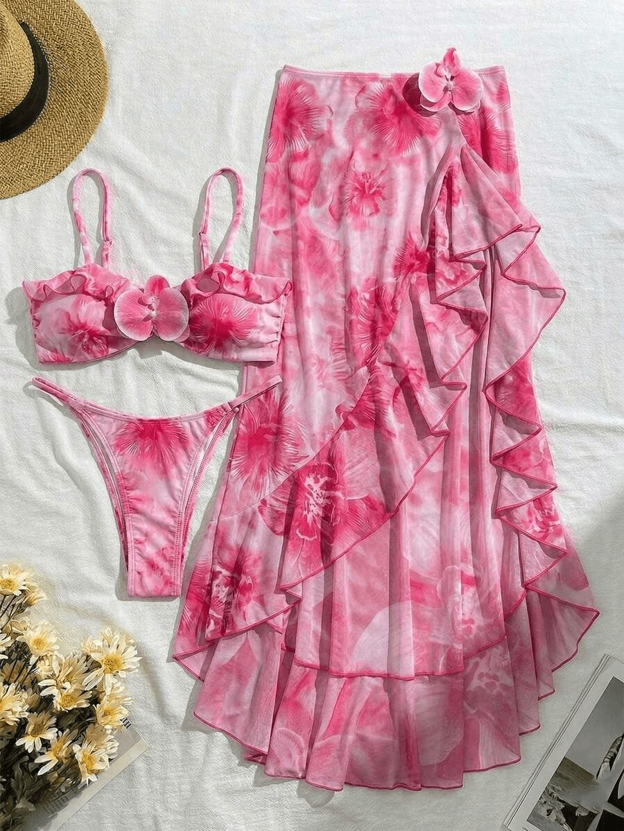 (image for) Women Pink Tie Dye 3D Floral Spaghetti Strap Bikini Set with High Slit Ruffle Maxi Skirt 3 Piece Sexy Backless Beach Vacation Swimwear