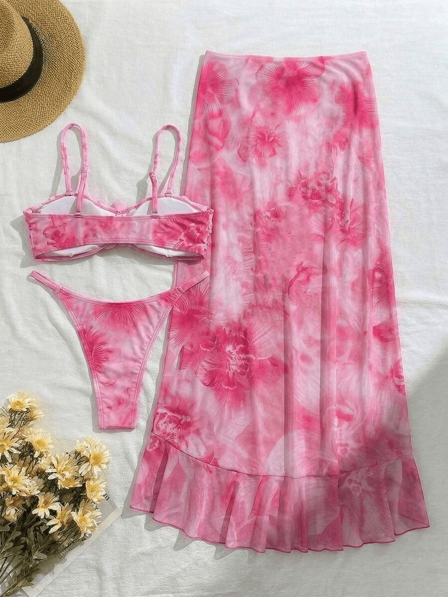 (image for) Women Pink Tie Dye 3D Floral Spaghetti Strap Bikini Set with High Slit Ruffle Maxi Skirt 3 Piece Sexy Backless Beach Vacation Swimwear