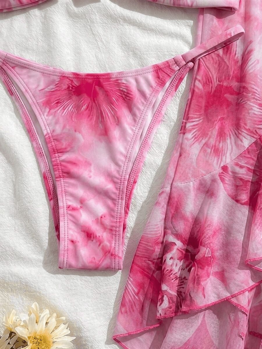 (image for) Women Pink Tie Dye 3D Floral Spaghetti Strap Bikini Set with High Slit Ruffle Maxi Skirt 3 Piece Sexy Backless Beach Vacation Swimwear