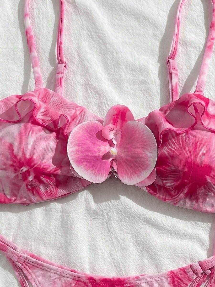 (image for) Women Pink Tie Dye 3D Floral Spaghetti Strap Bikini Set with High Slit Ruffle Maxi Skirt 3 Piece Sexy Backless Beach Vacation Swimwear