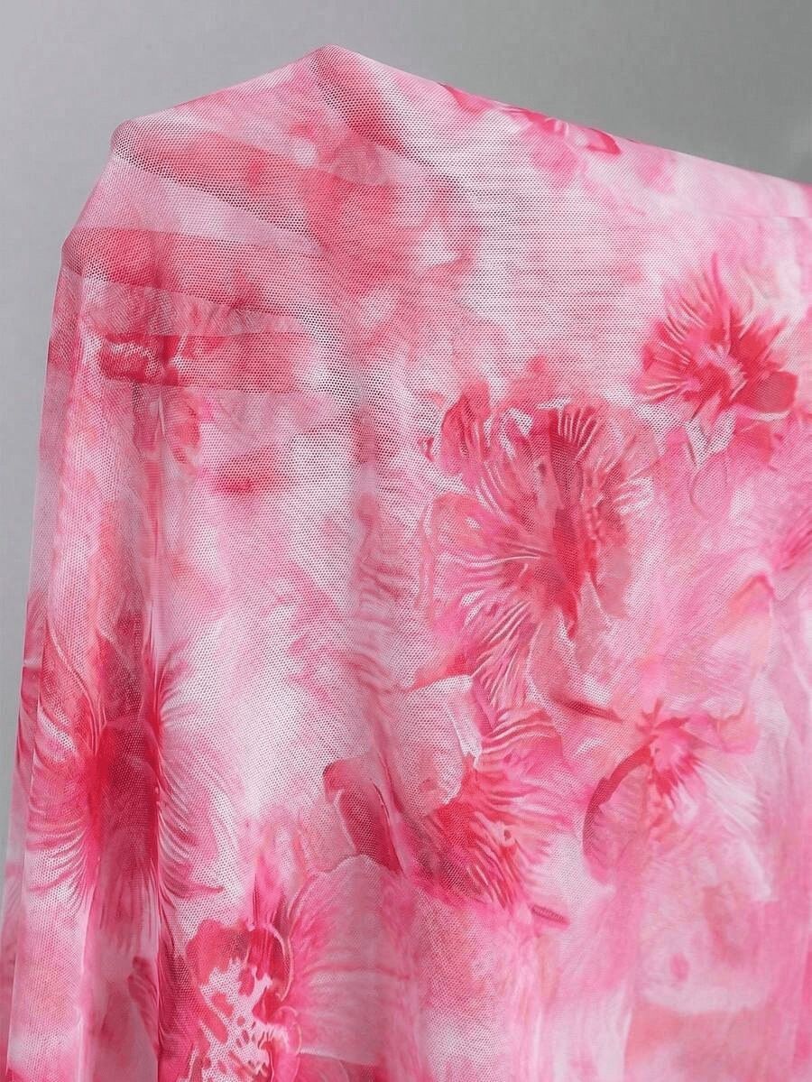 (image for) Women Pink Tie Dye 3D Floral Spaghetti Strap Bikini Set with High Slit Ruffle Maxi Skirt 3 Piece Sexy Backless Beach Vacation Swimwear