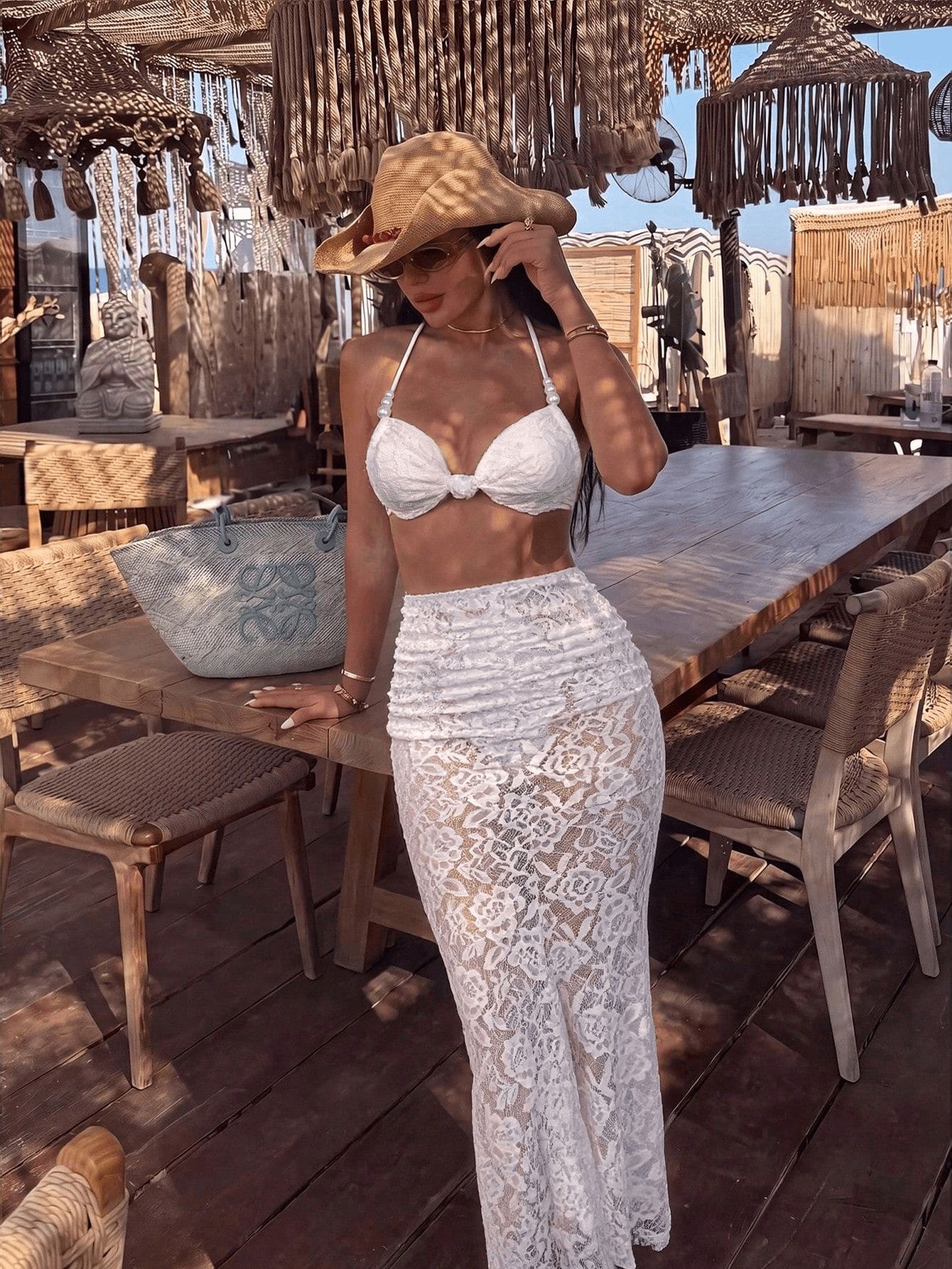 (image for) Women White Halter Triangle Bikini Set with Sheer Floral Lace Maxi Skirt 3 Piece Luxury See Through Beach Vacation Resort Swimwear