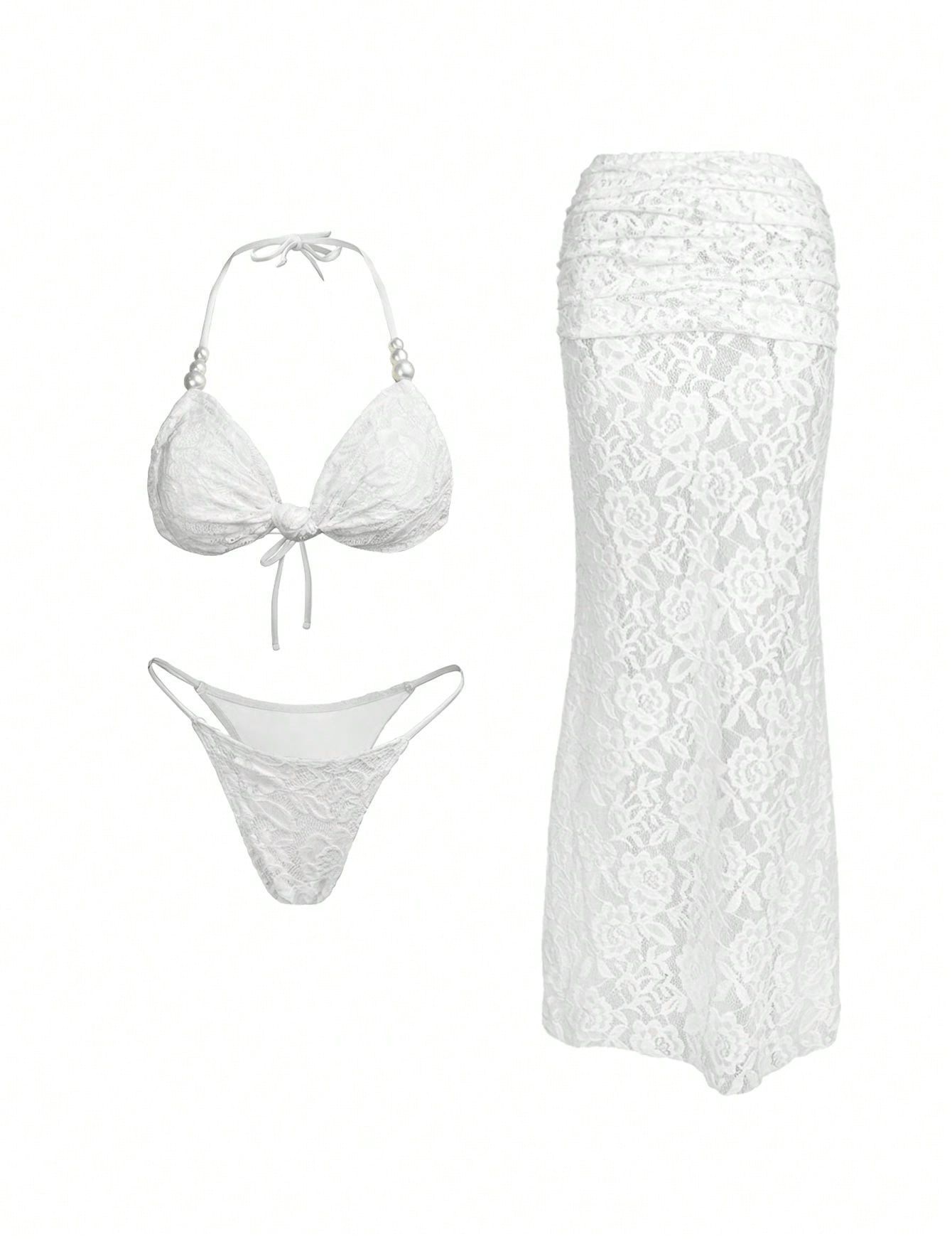 (image for) Women White Halter Triangle Bikini Set with Sheer Floral Lace Maxi Skirt 3 Piece Luxury See Through Beach Vacation Resort Swimwear