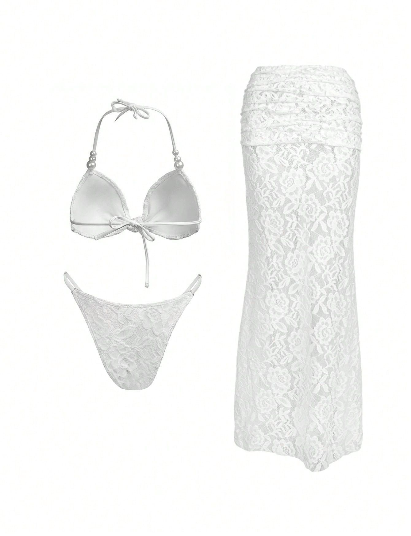 (image for) Women White Halter Triangle Bikini Set with Sheer Floral Lace Maxi Skirt 3 Piece Luxury See Through Beach Vacation Resort Swimwear