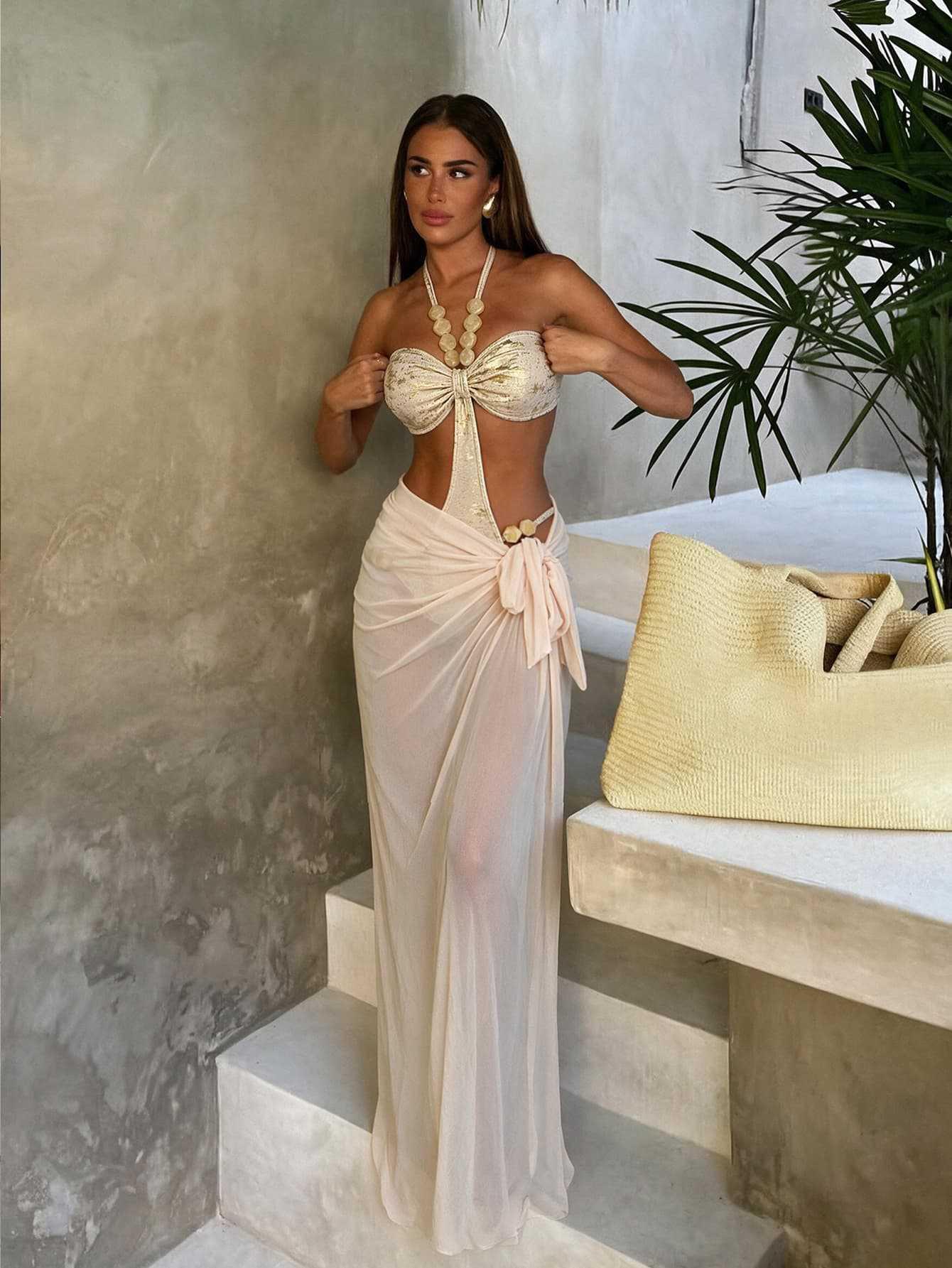 (image for) Women Apricot Beaded Halter Cutout One Piece Swimsuit with Maxi Skirt 2 Piece Beach Swimwear