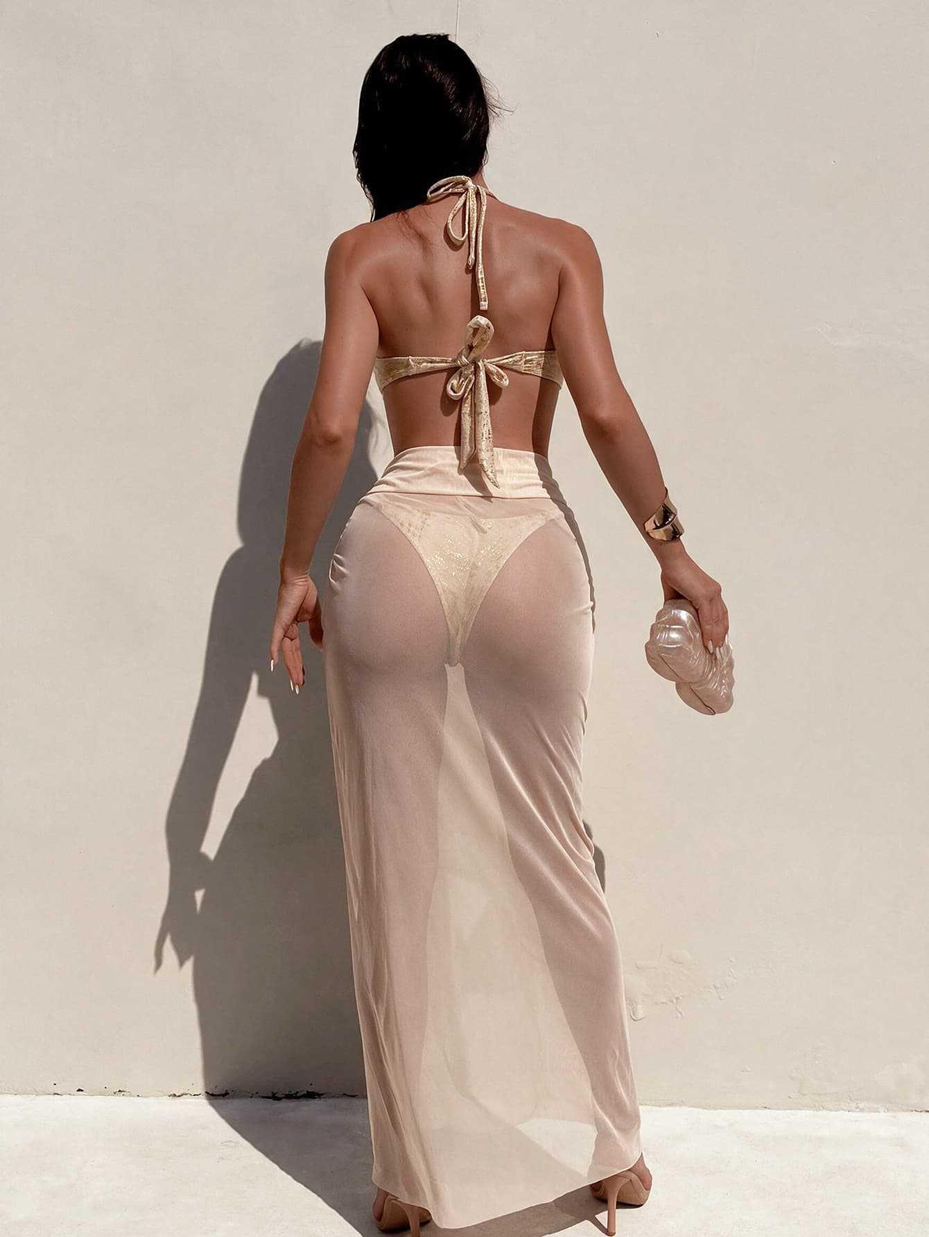 (image for) Women Apricot Beaded Halter Cutout One Piece Swimsuit with Maxi Skirt 2 Piece Beach Swimwear