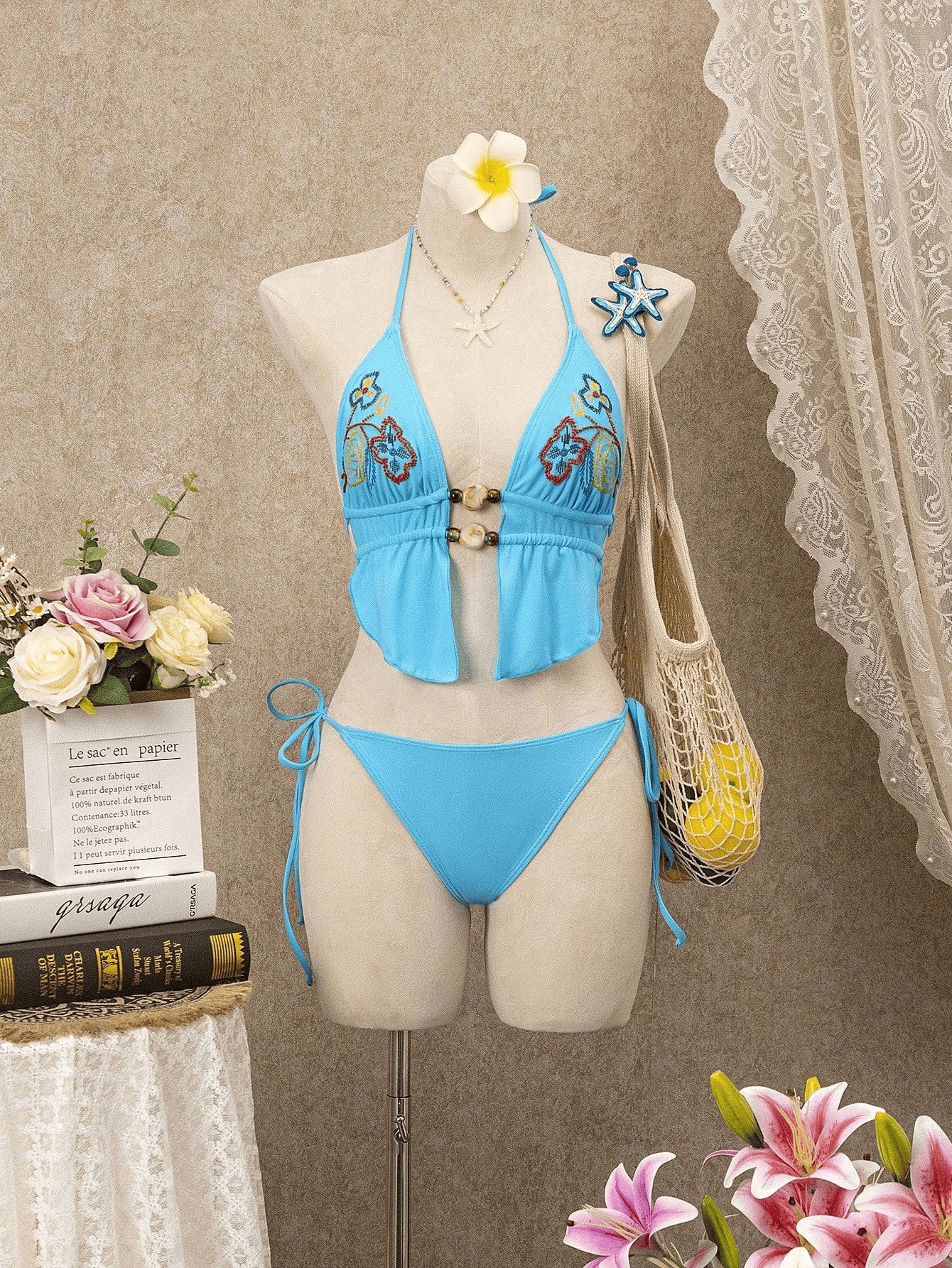 (image for) Women Blue Floral Embroidery Beaded Halter Bikini Set Ruffle Hem Tie Side Sexy Premium First Class Two Piece Hot Spring Beach Swimwear