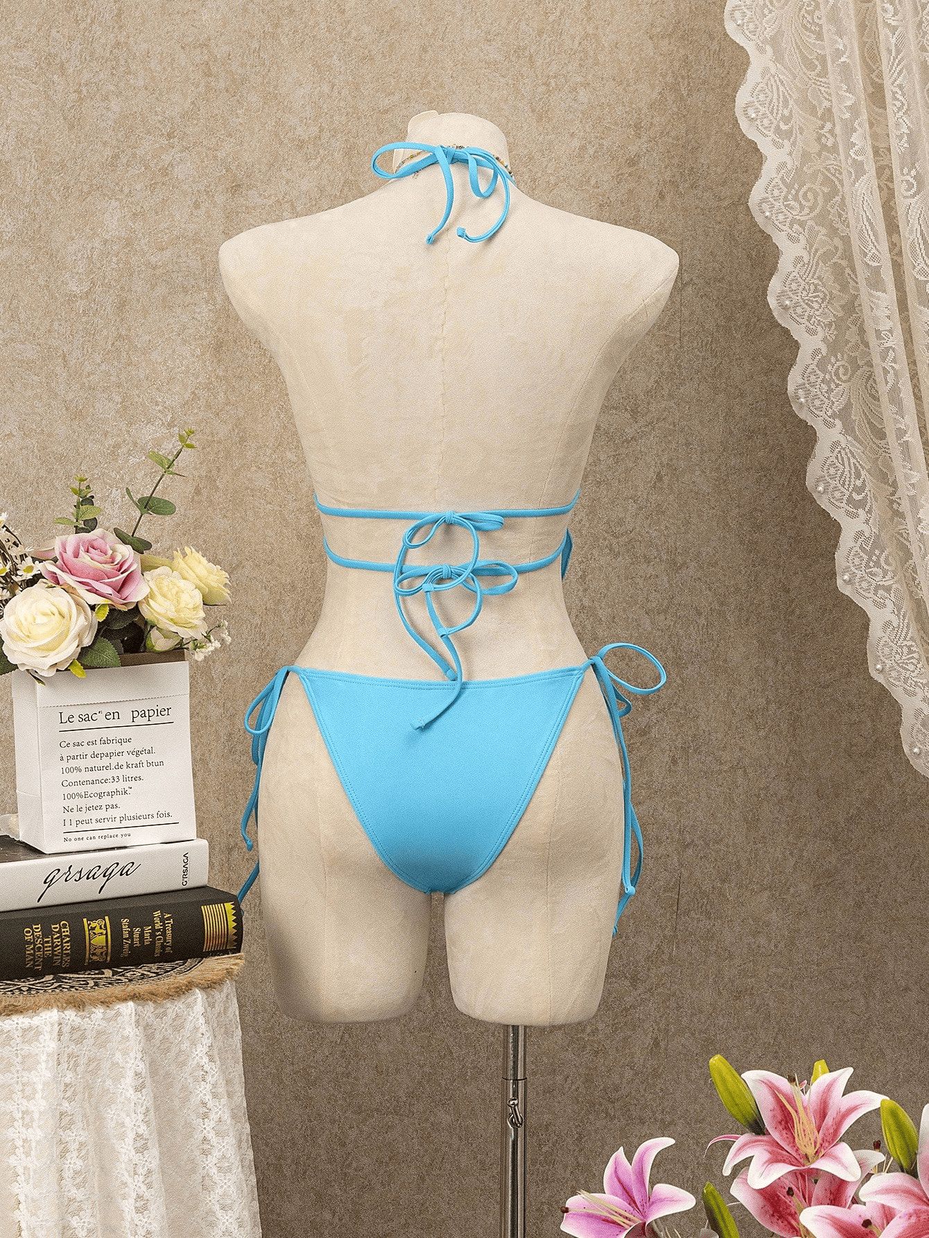 (image for) Women Blue Floral Embroidery Beaded Halter Bikini Set Ruffle Hem Tie Side Sexy Premium First Class Two Piece Hot Spring Beach Swimwear