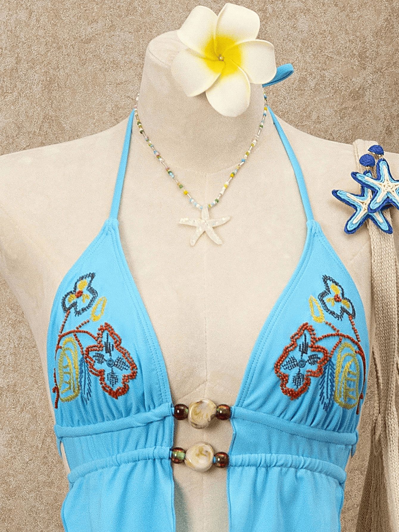 (image for) Women Blue Floral Embroidery Beaded Halter Bikini Set Ruffle Hem Tie Side Sexy Premium First Class Two Piece Hot Spring Beach Swimwear