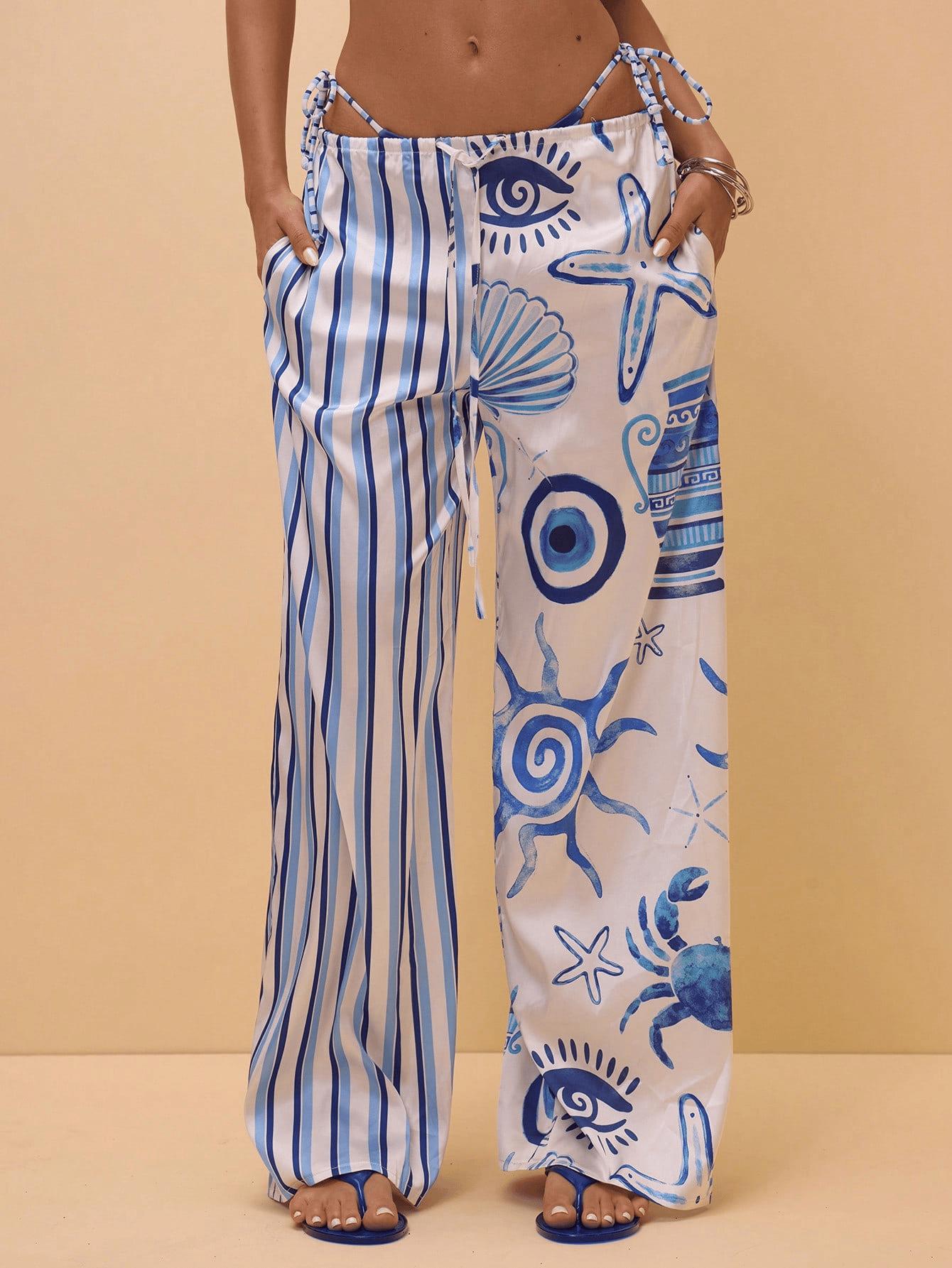 (image for) Women Blue White Marine Starfish Shell Print Halter Triangle Bikini Set with Wide Leg Cover Up Pants 3 Piece Nautical Vacation Beach Resort Swimwear