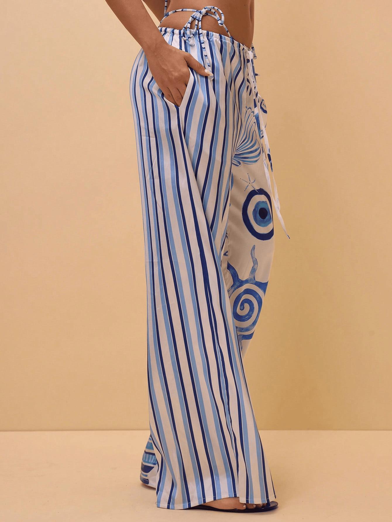 (image for) Women Blue White Marine Starfish Shell Print Halter Triangle Bikini Set with Wide Leg Cover Up Pants 3 Piece Nautical Vacation Beach Resort Swimwear