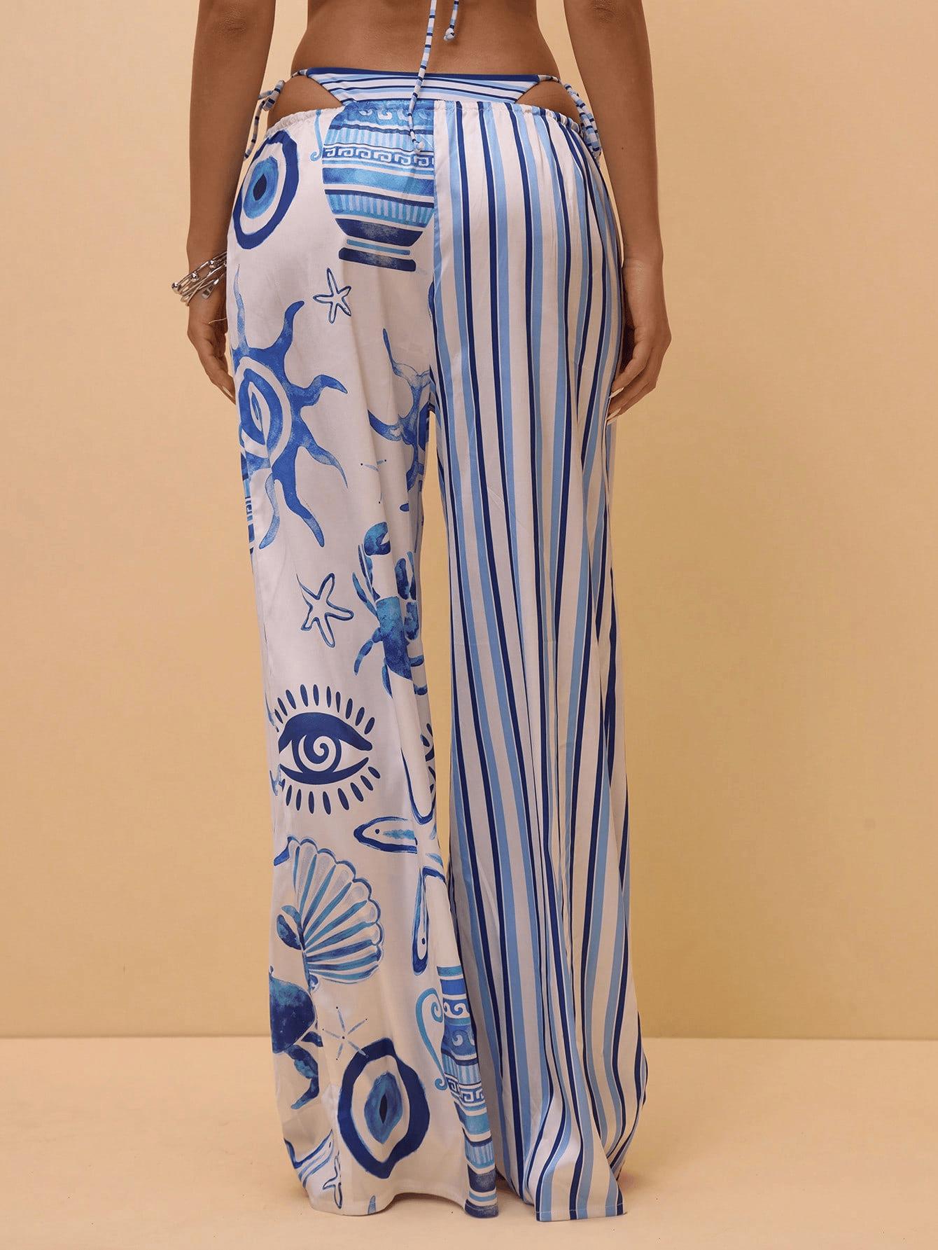 (image for) Women Blue White Marine Starfish Shell Print Halter Triangle Bikini Set with Wide Leg Cover Up Pants 3 Piece Nautical Vacation Beach Resort Swimwear