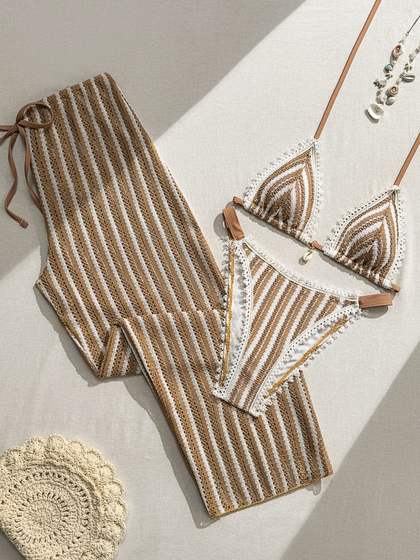 Women Brown White Stripe Halter Triangle Bikini Set with Wide Leg Cover Up Pants 3 Piece Boho Bohemian Crochet Trim Beach Vacation Resort Swimwear