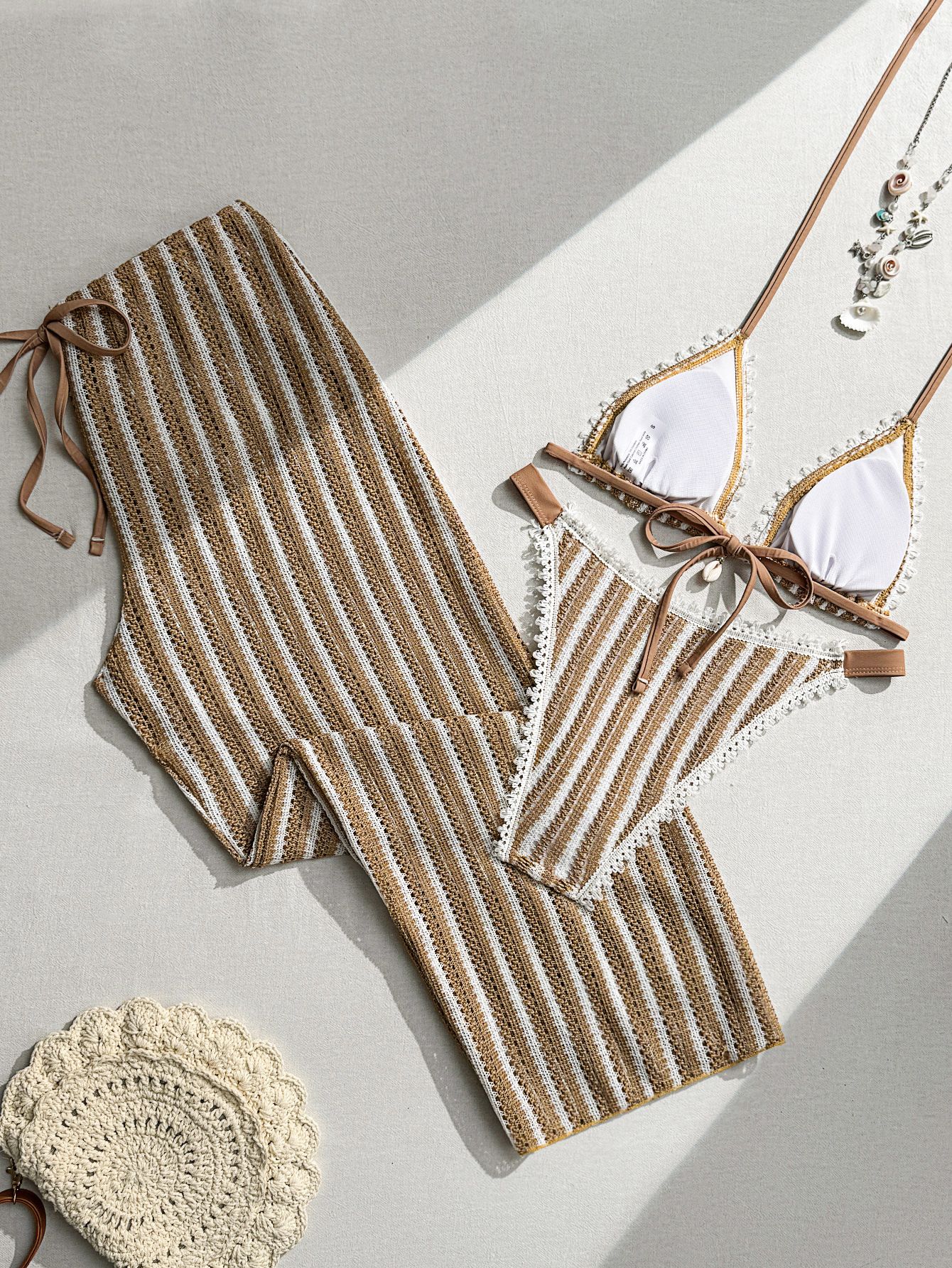 (image for) Women Brown White Stripe Halter Triangle Bikini Set with Wide Leg Cover Up Pants 3 Piece Boho Bohemian Crochet Trim Beach Vacation Resort Swimwear