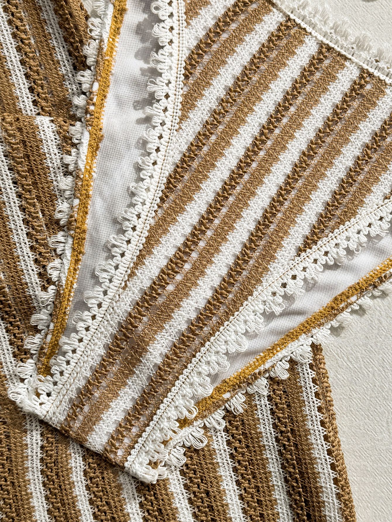 (image for) Women Brown White Stripe Halter Triangle Bikini Set with Wide Leg Cover Up Pants 3 Piece Boho Bohemian Crochet Trim Beach Vacation Resort Swimwear