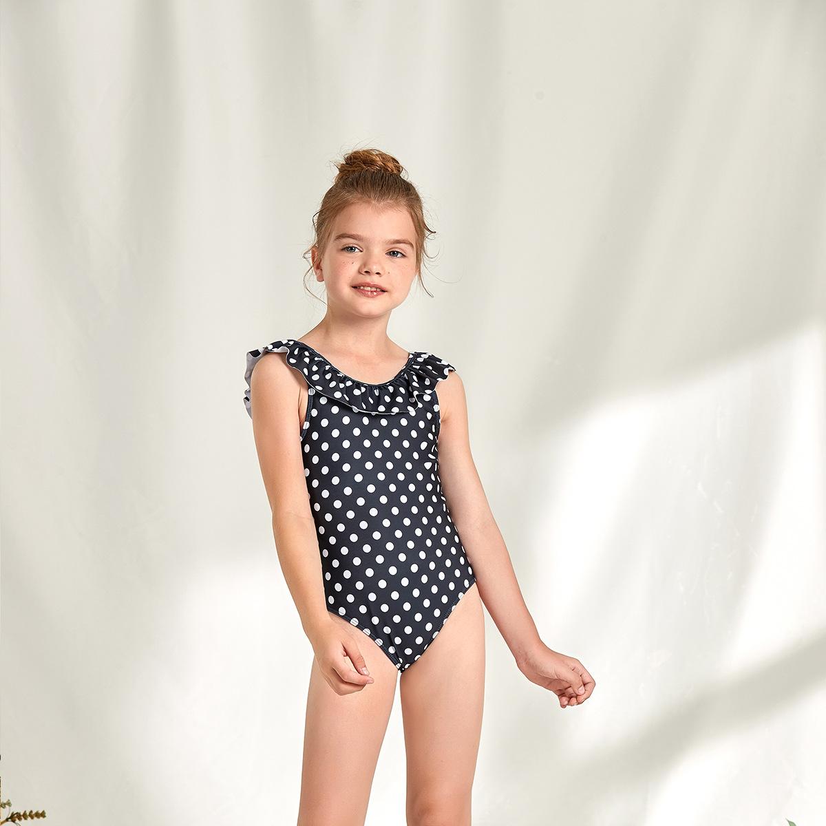 (image for) Girls Ruffle Polka‑Dot One‑Piece Swimsuit Kids Sleeveless Bathing Suit 130‑160