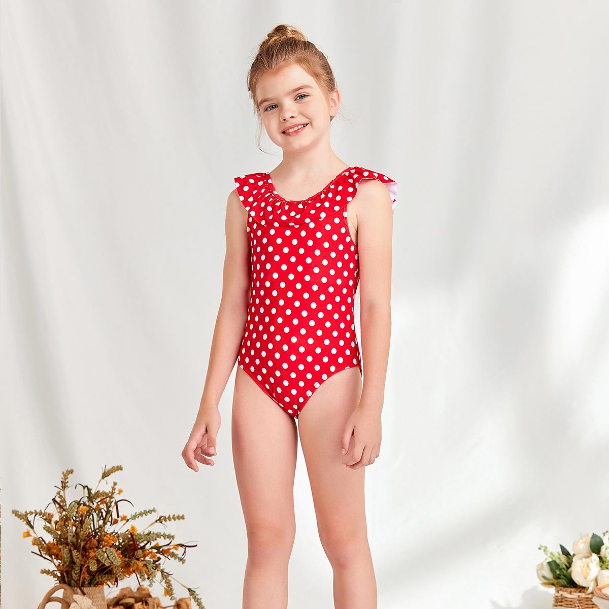 (image for) Girls Ruffle Polka‑Dot One‑Piece Swimsuit Kids Sleeveless Bathing Suit 130‑160