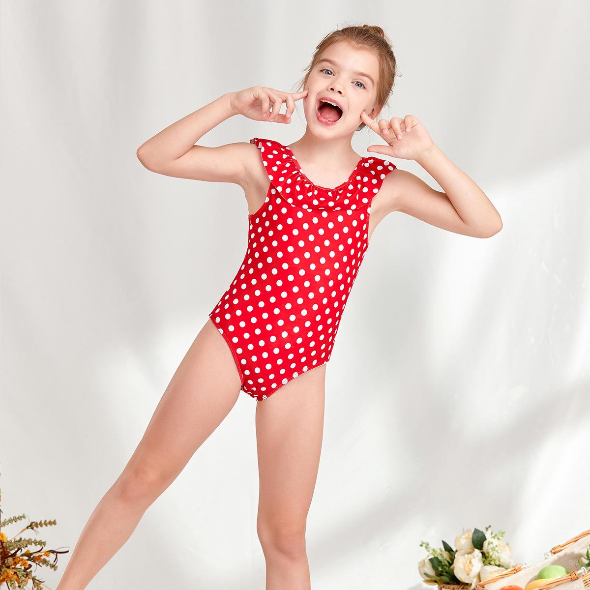 (image for) Girls Ruffle Polka‑Dot One‑Piece Swimsuit Kids Sleeveless Bathing Suit 130‑160